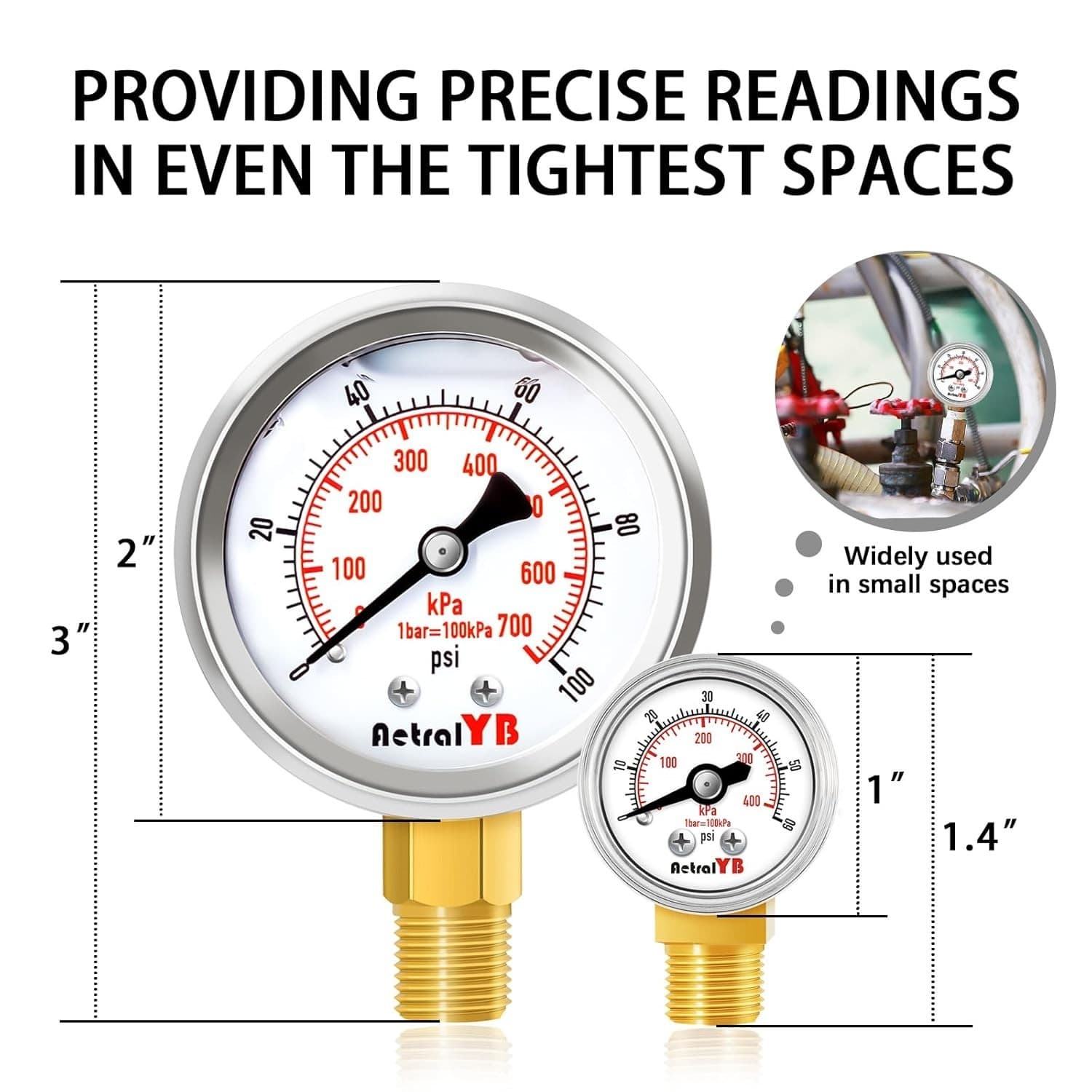 1-Inch Mini Pressure Gauge 0-60 PSI / 0-400 kPa Dual-Scale Dial 1/8” NPT Bott... 3