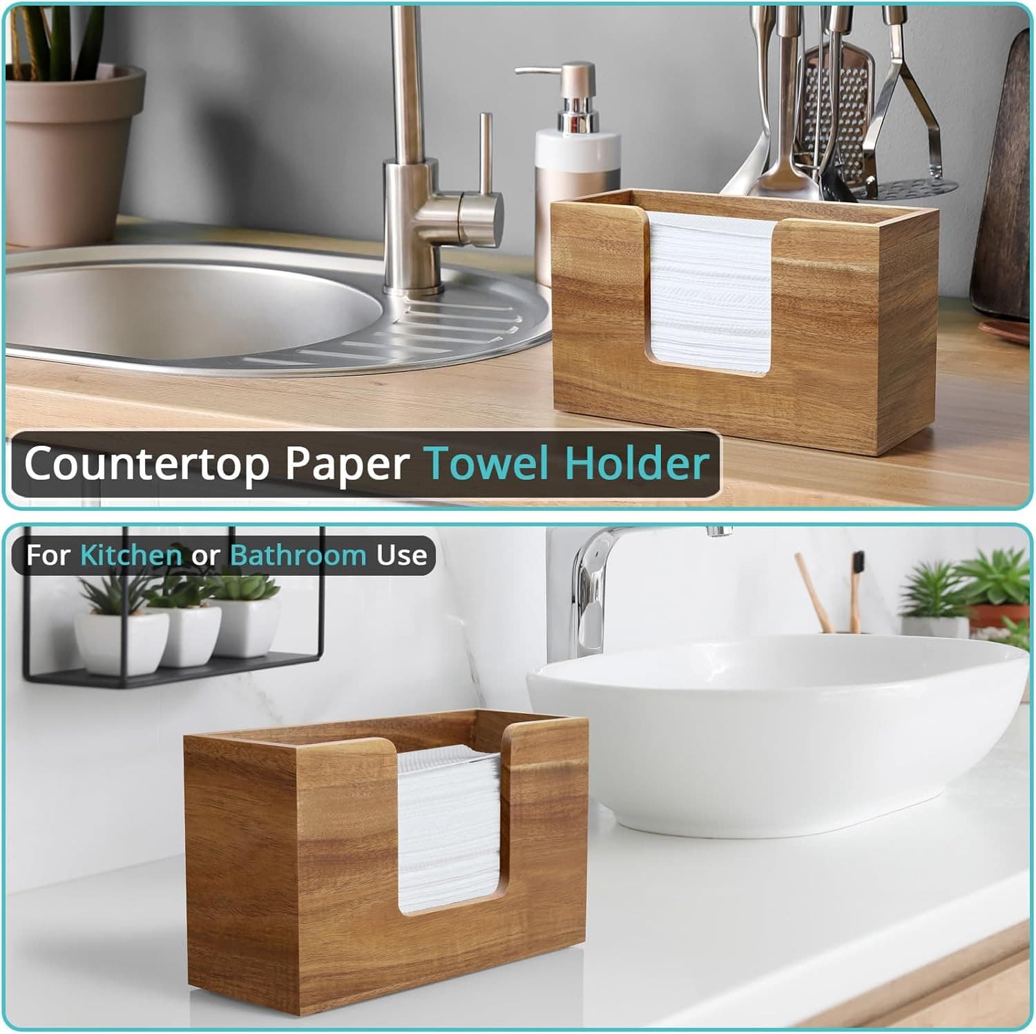 Paper Towel Dispenser Countertop, Acacia Wood Bathroom Paper Towel Holder for Ho 3