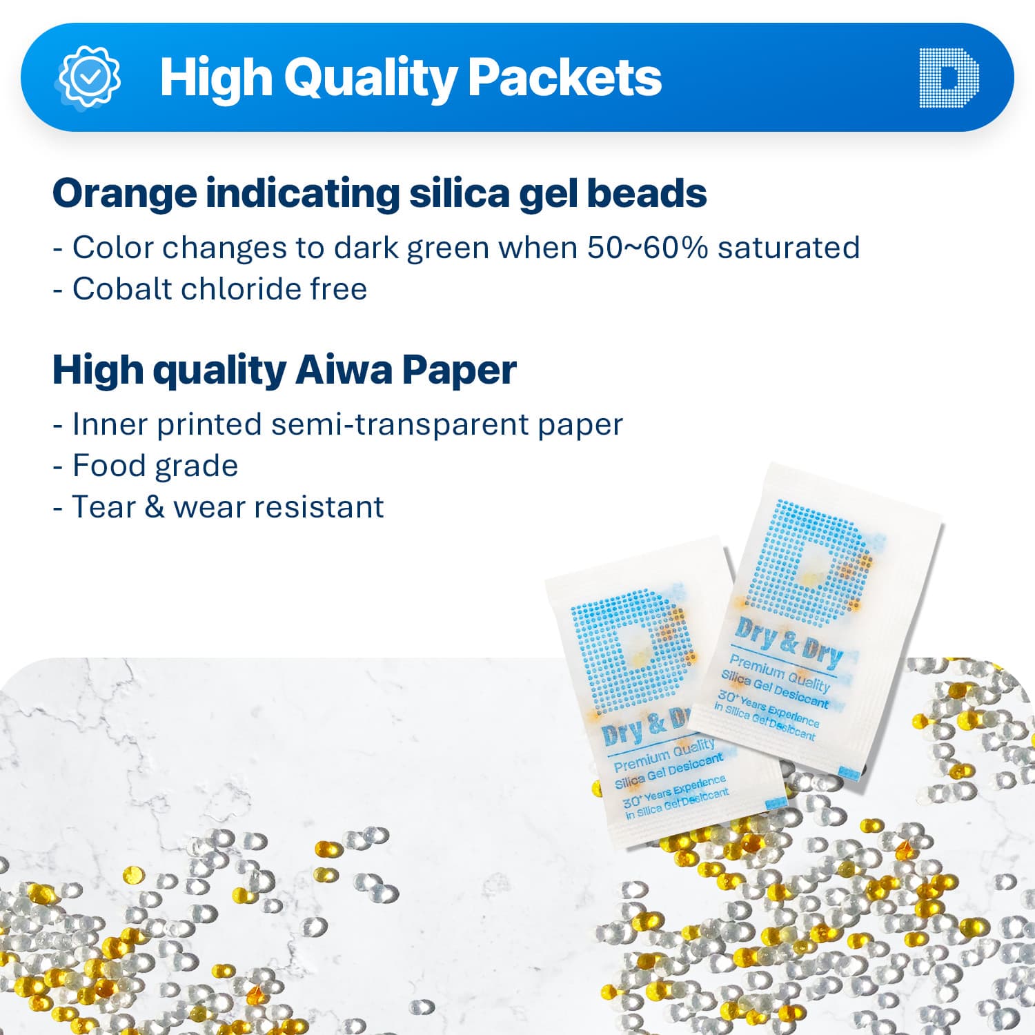 2 gram X 6000 PK "Dry & Dry" Food Grade Orange Indicating Silica Gel Packets 2
