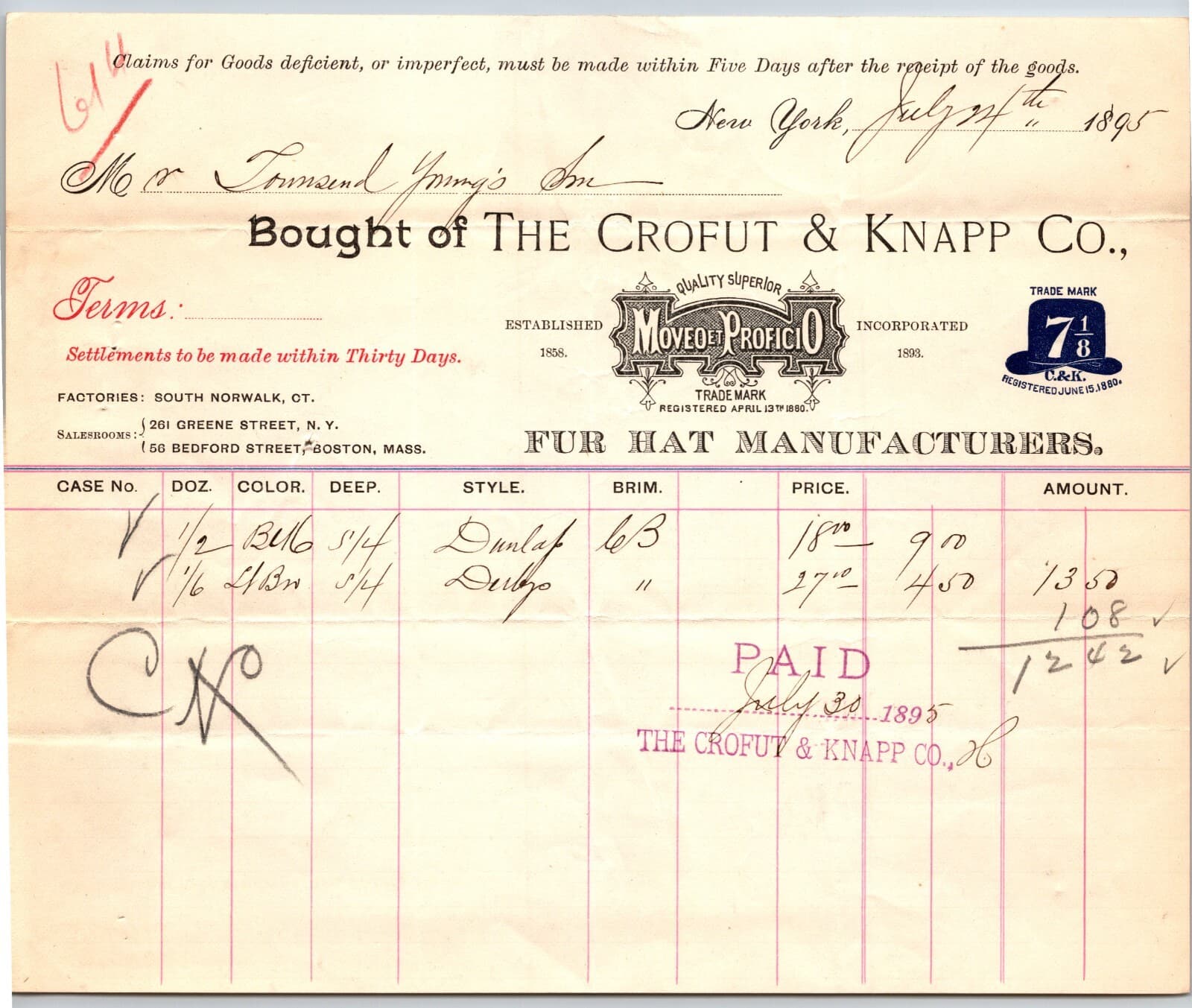 Crofut & Knapp C&K New York Fur Hat Manufacturers 1895 Billhead Scarce (#7)