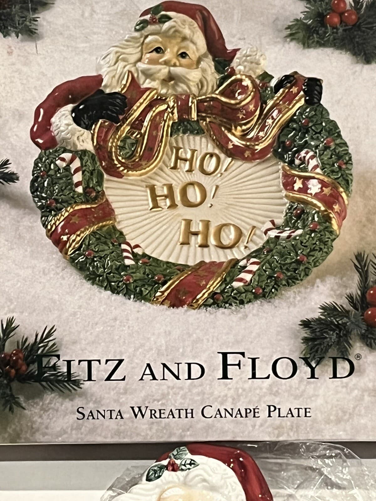 VTG Santa Canapé Plate Wreath Ho Ho Ho  8.25x9.75 ORIGINAL box Fitz And Floyd 4