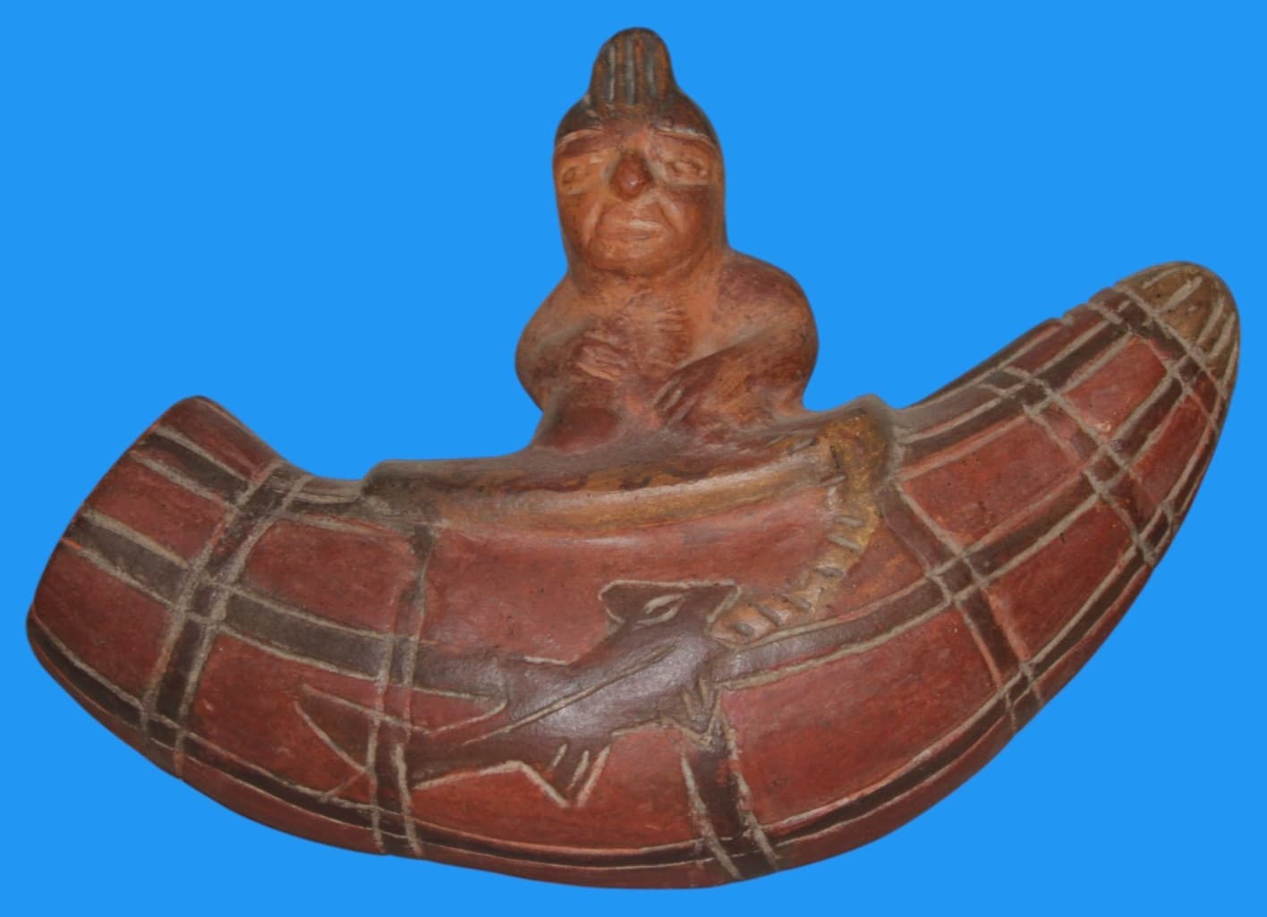 Museum Replica of a Pre Columbian Nazca Artifact Fisherman in a Reed Boat 001