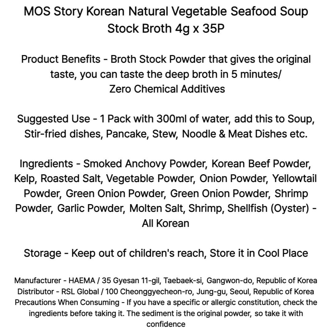 MOS Story Korean Natural Vegetable Seafood Soup Stock Broth 4g x 35P 4