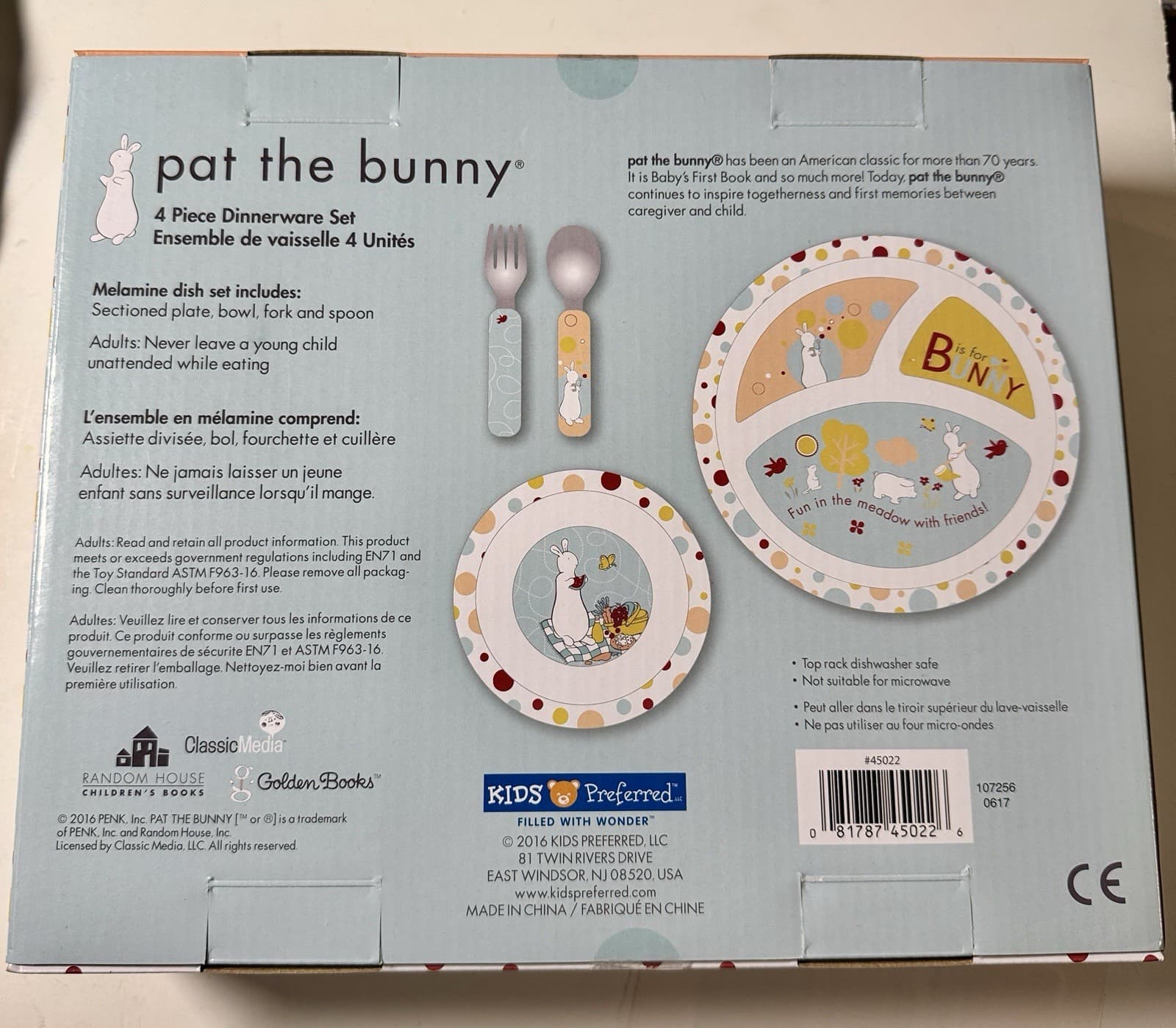 Child’s 4 Pc Melamine Dinnerware Set Pat the Bunny Plate, Bowl, Fork & Spoon NIB 5