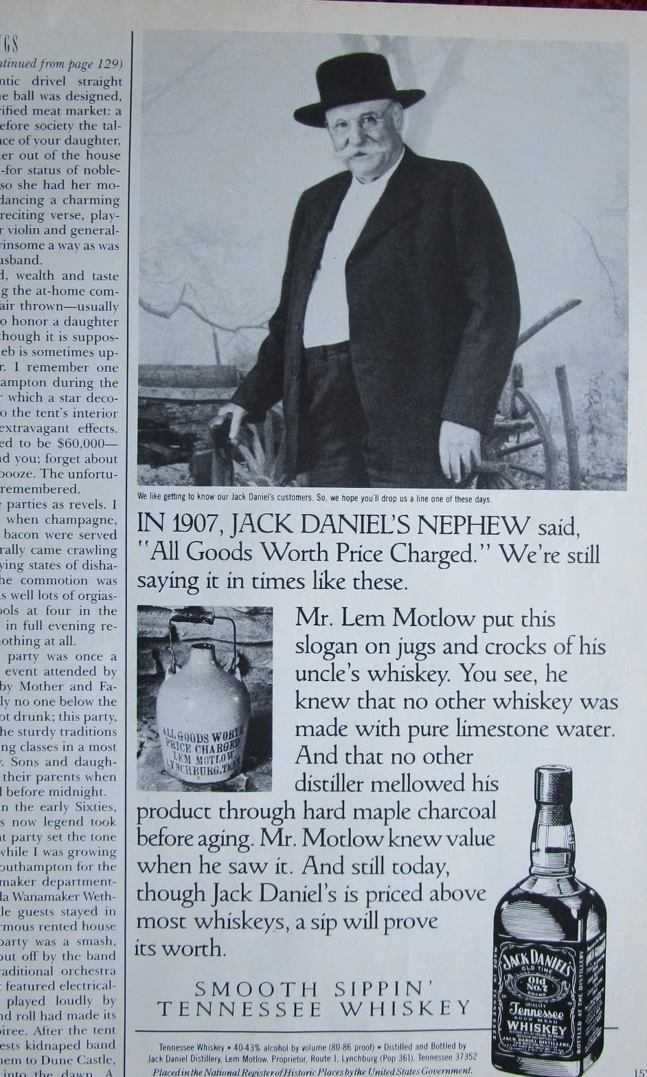 1973 JACK DANIEL'S Old No. 7 Tennessee Whiskey Print Ad ~ Lem Motlow, 1907 Jug 2