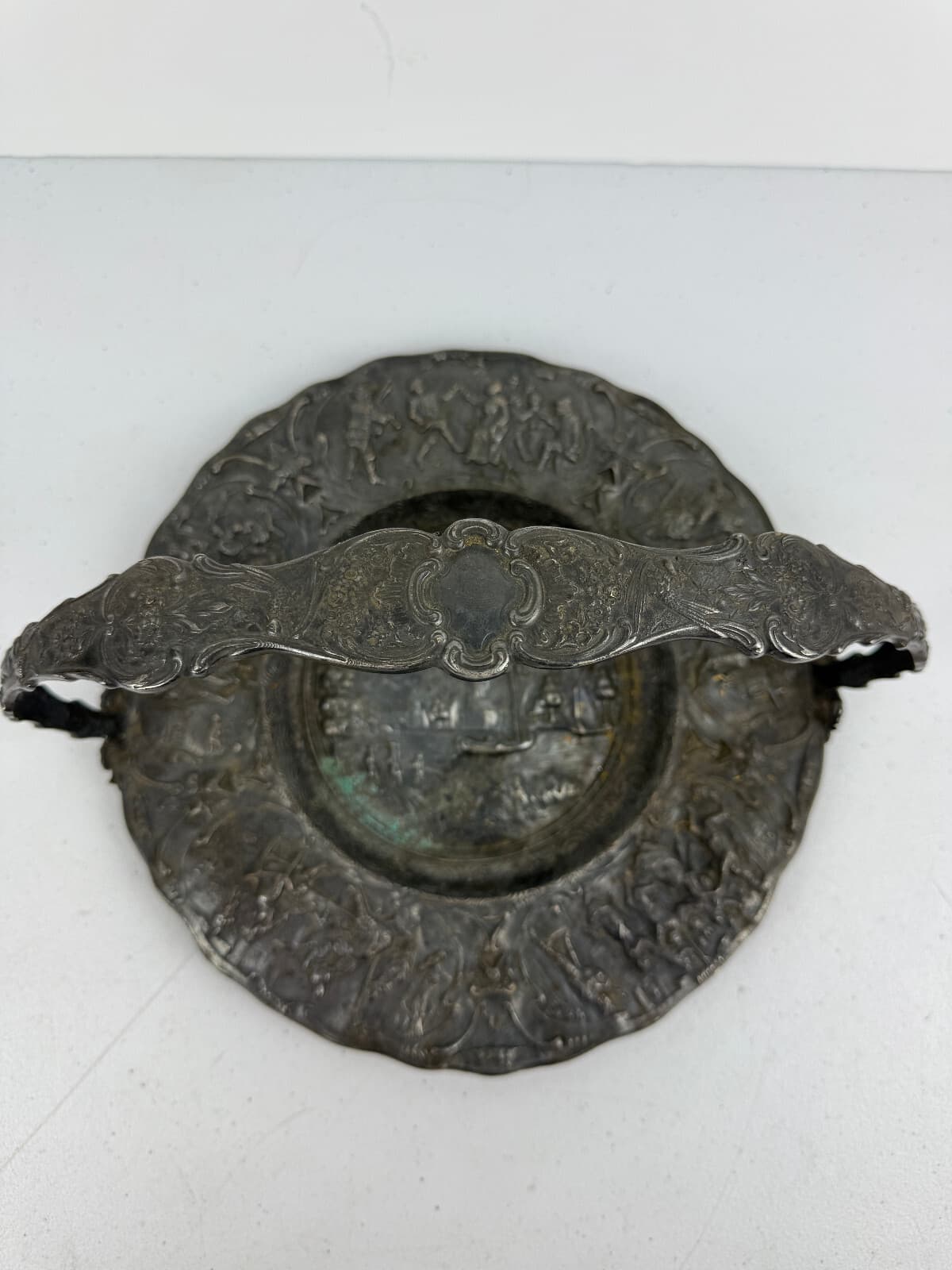 Antique Dutch Repoussé Silver Plate Basket with Handle – Scenic Relief – 11" 3