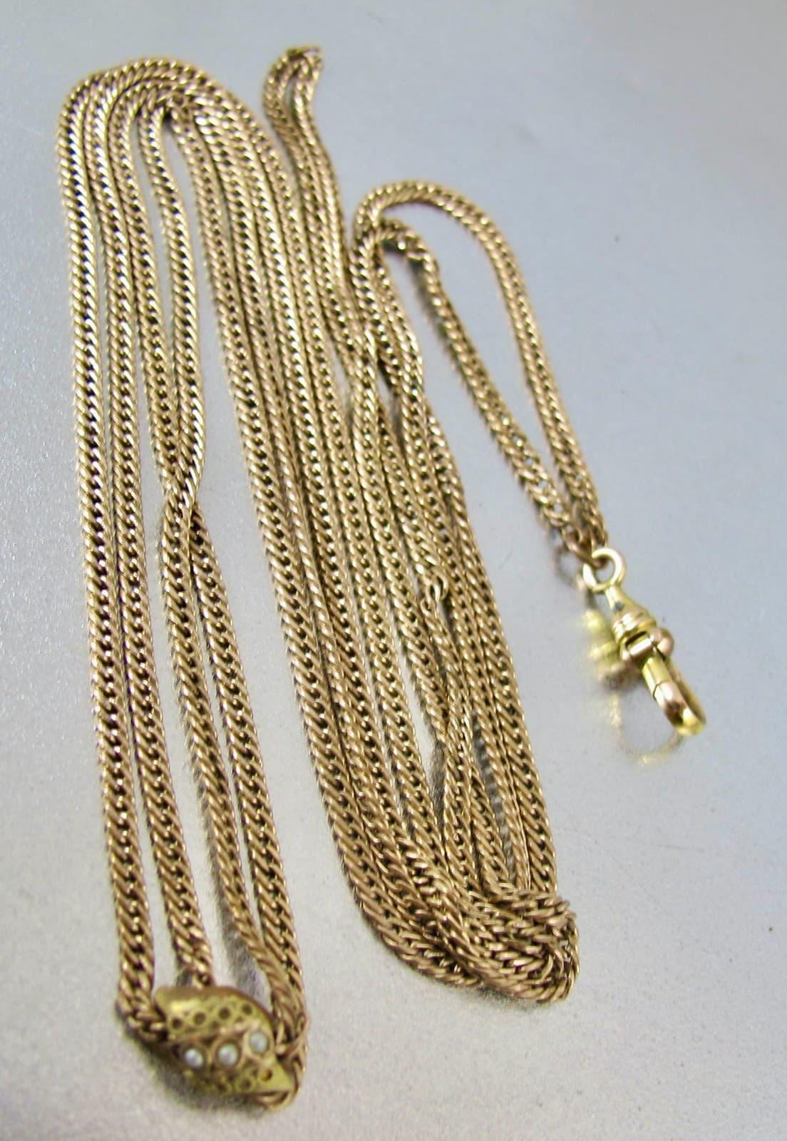 Antique Victorian Gold Filled Seed Pearl Slide Watch Chain Necklace 5