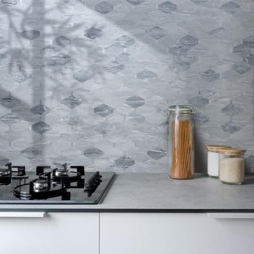 -Sheet Long Octagon Peel and Stick Backsplash, 10 Grey Marble & Metal Silver 3