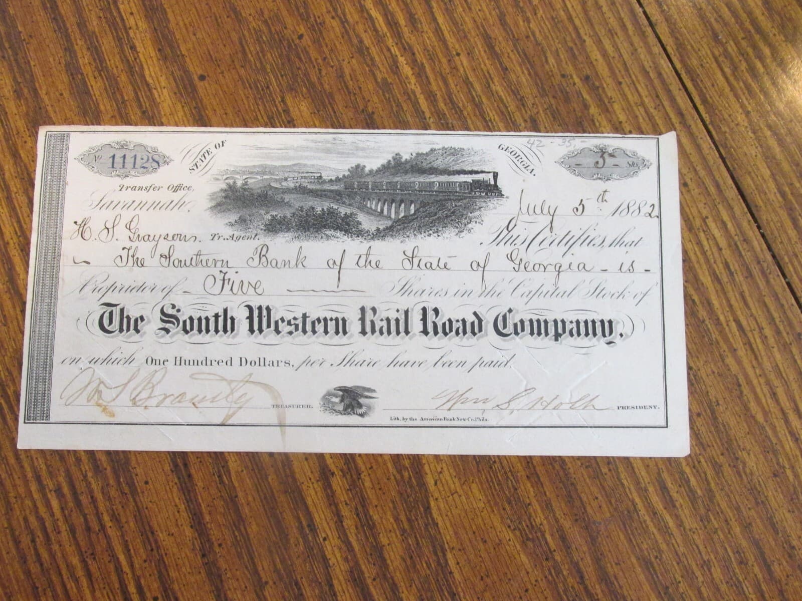1882 THE SOUTH WESTERN RAIL ROAD COMPANY stock certificate lot BE