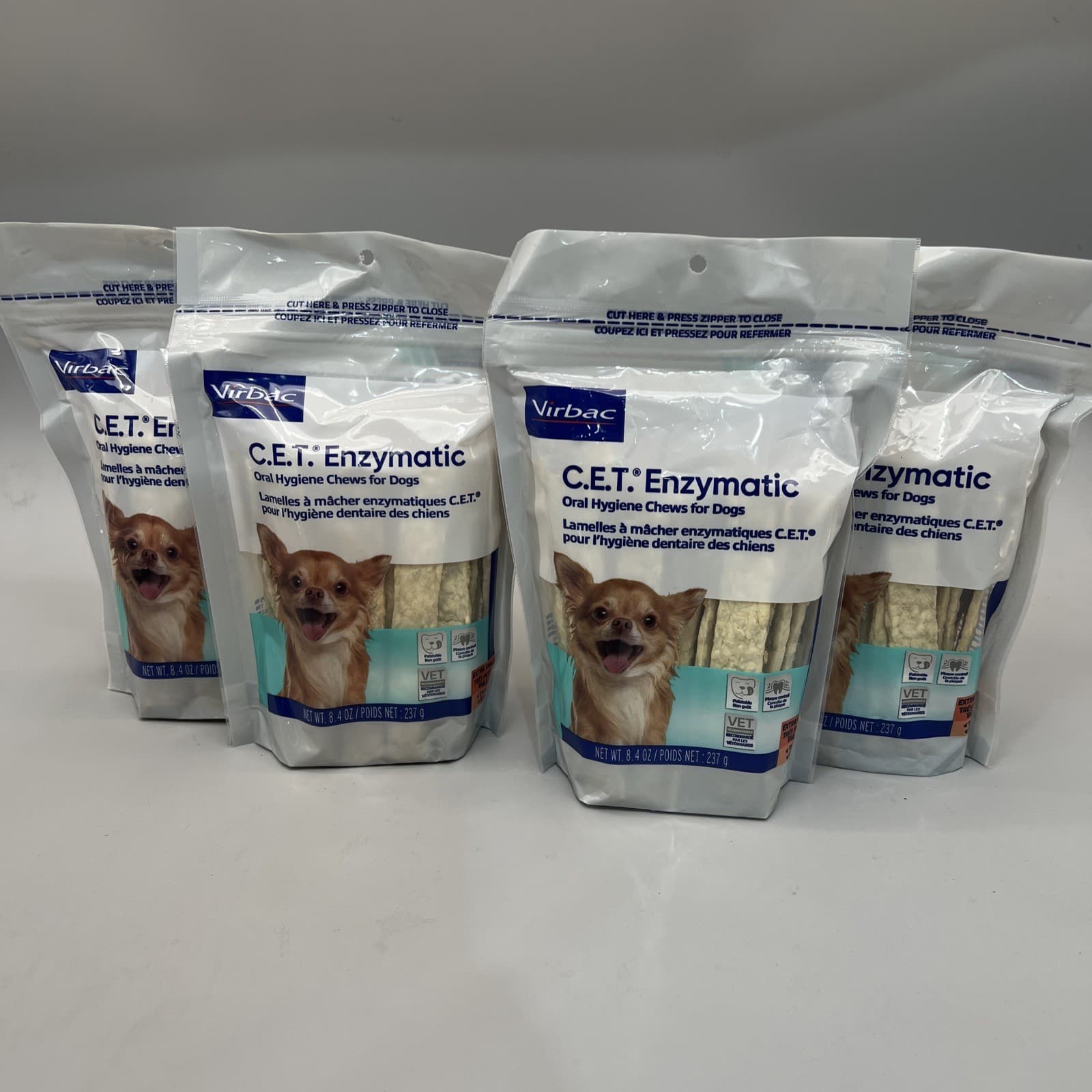 4 Pack CET Enzymatic Chews For Dogs, X-Small, Under 11 lbs, 8.4oz Each Exp 11/27