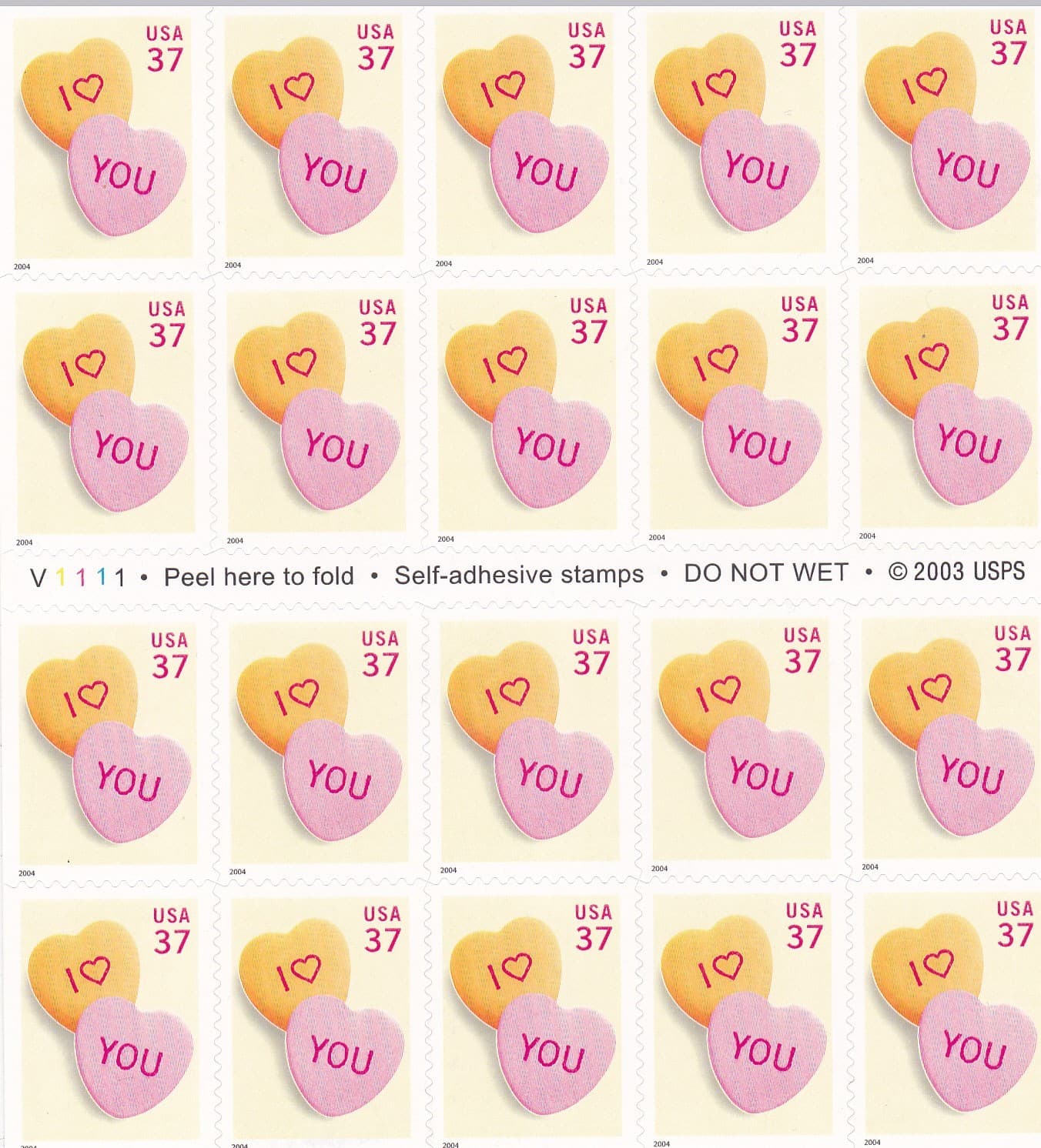 U.S. COMM BOOKLET PANE OF 20 SCOTT#3833a 2004 37ct CANDY HEARTSD MNH P#V1111