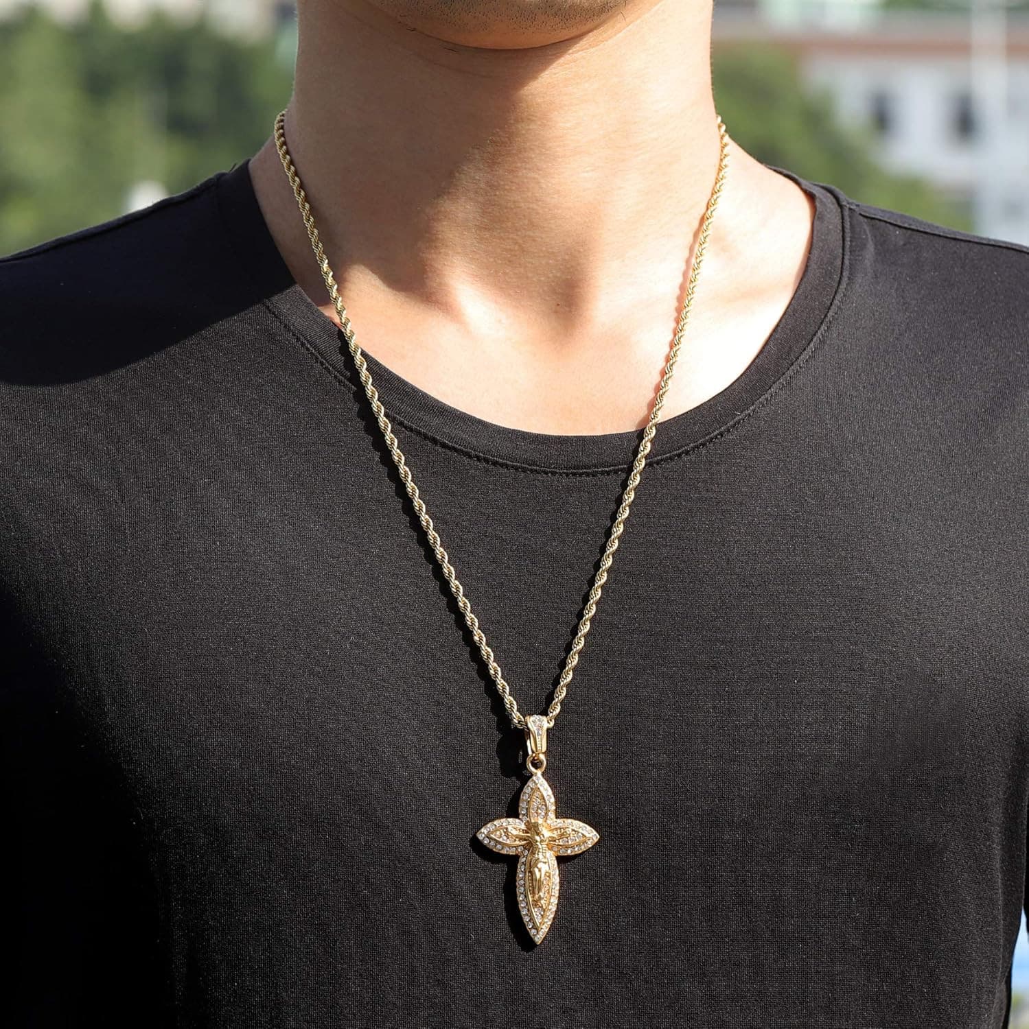 Mens Gold Iced Out Jesus Crucifix Cross Pendant Necklaces for Men & Women, Stain 6