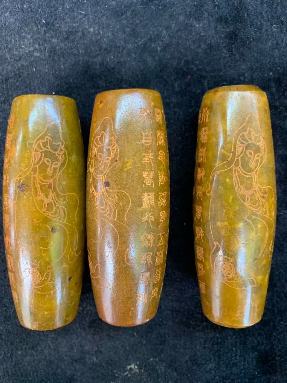 3Pcs Large Chinese Old Jade Hand Carved *Buddhist Scriptures/KwanYin* Cong Beads 3