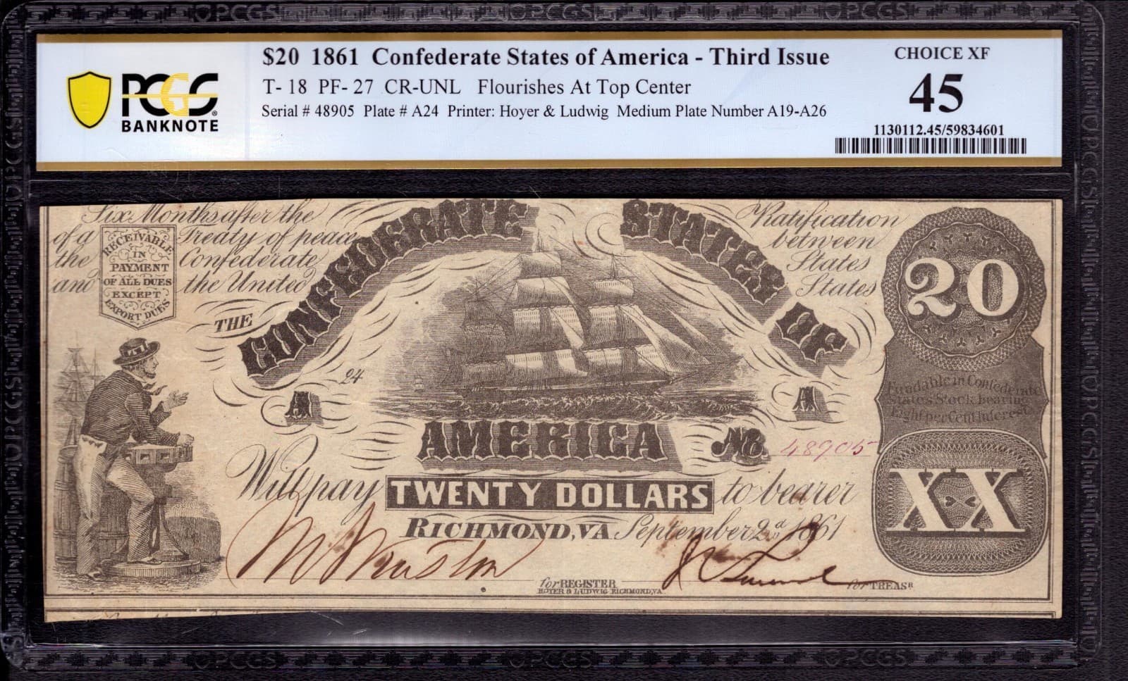 1861 $20 CONFEDERATE STATES OF AMERICA NOTE T-18 PF-27 PCGS B CHOICE XF EF 45