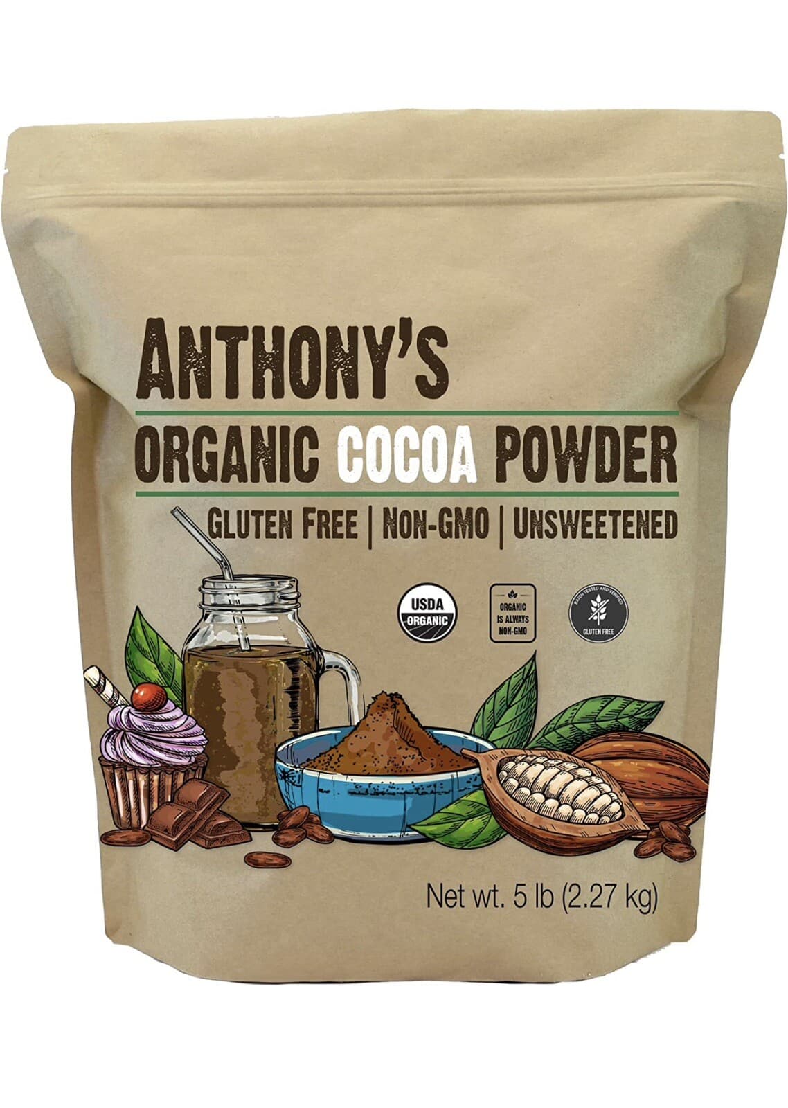 Organic Raw COCOA POWDER Gluten-Free Non-Gmo~5 Lbs~by Anthony's~Read Docs.