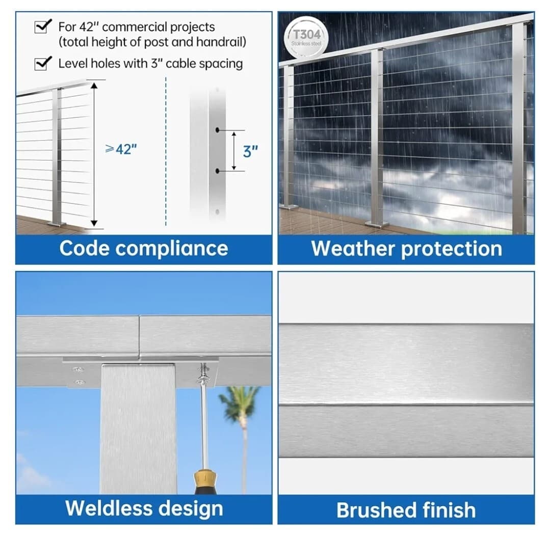 4 Pack Level drilled Cable Railing Line Post 42"x2"x2" Adjustable Top Level Deck 4