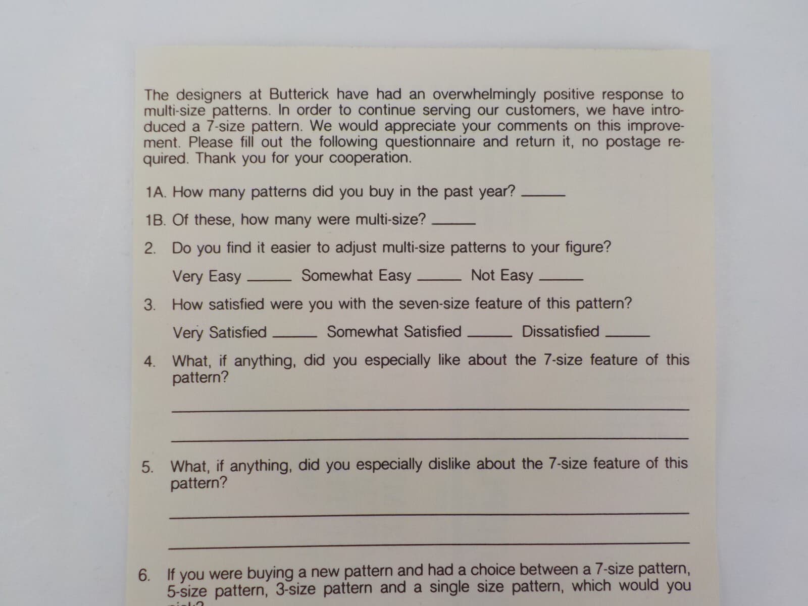 VINTAGE BUTTERICK PATTERNS SURVEY POSTCARD QUESTIONS 1-8 NEVER USED SEWING 3