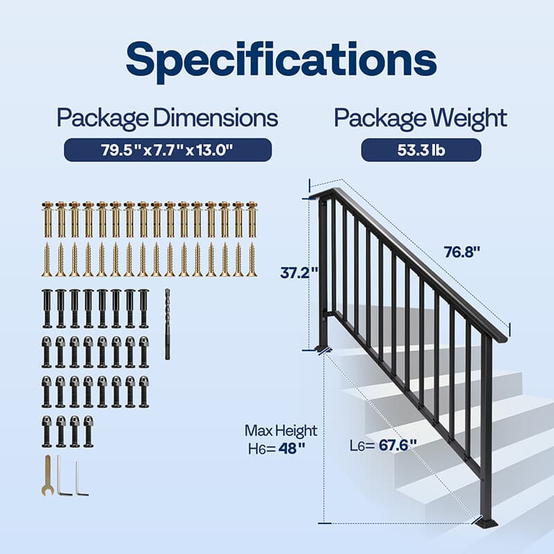 2pcs Wrought Iron Step Handrail Stair Railing for 6 Step Outdoor Deck Hand Rail 2