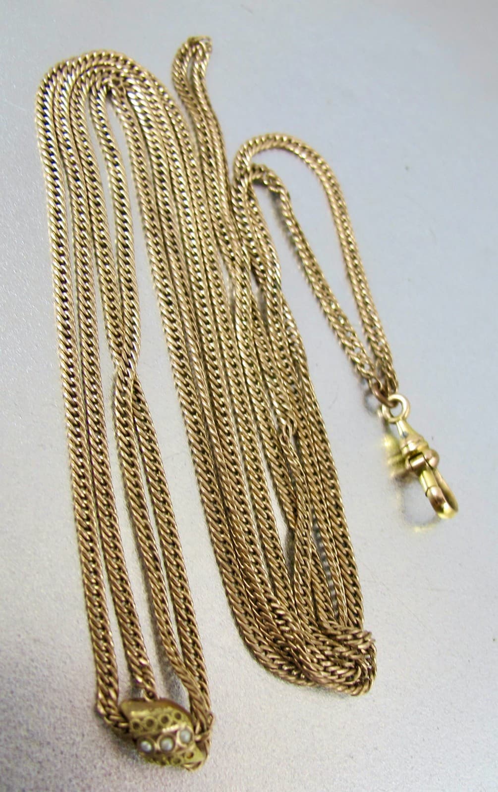 Antique Victorian Gold Filled Seed Pearl Slide Watch Chain Necklace 6