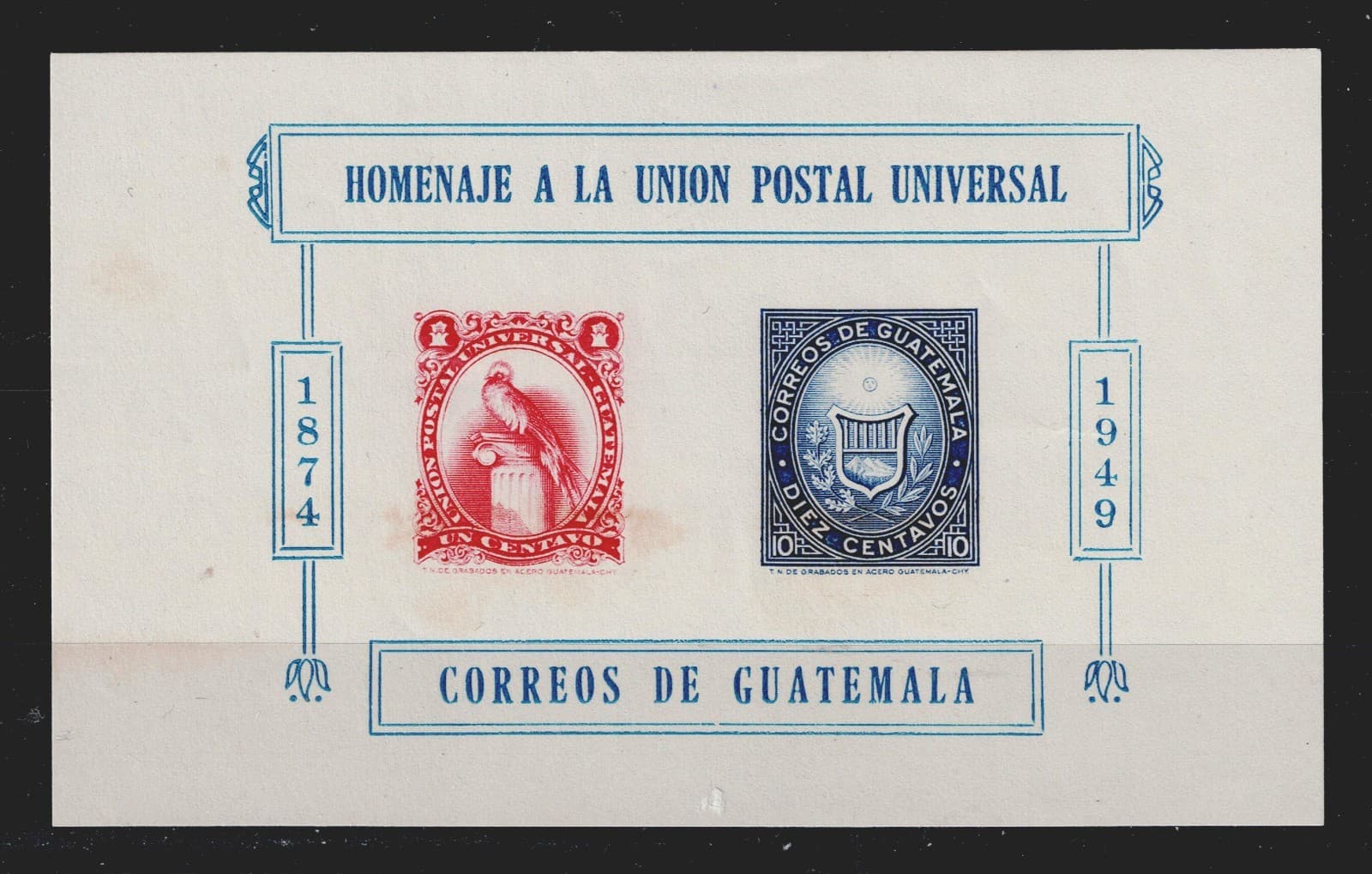 Guatemala UPU 75 Ann Coat of Arm Bird Souvenir Sheet 1951 MNH #338 CV$10 A-5B