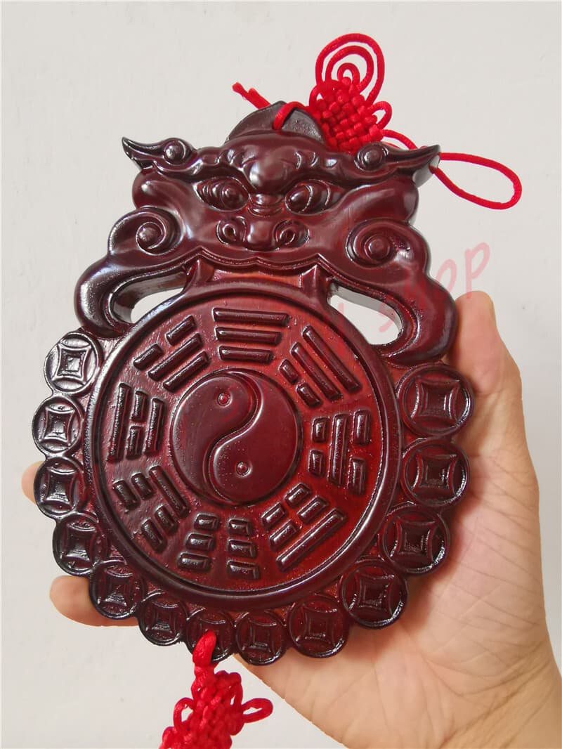 Peach Wood Beast Head Bagua Mirror Tiger Head Pendant Wood Carving Feng Shui 4