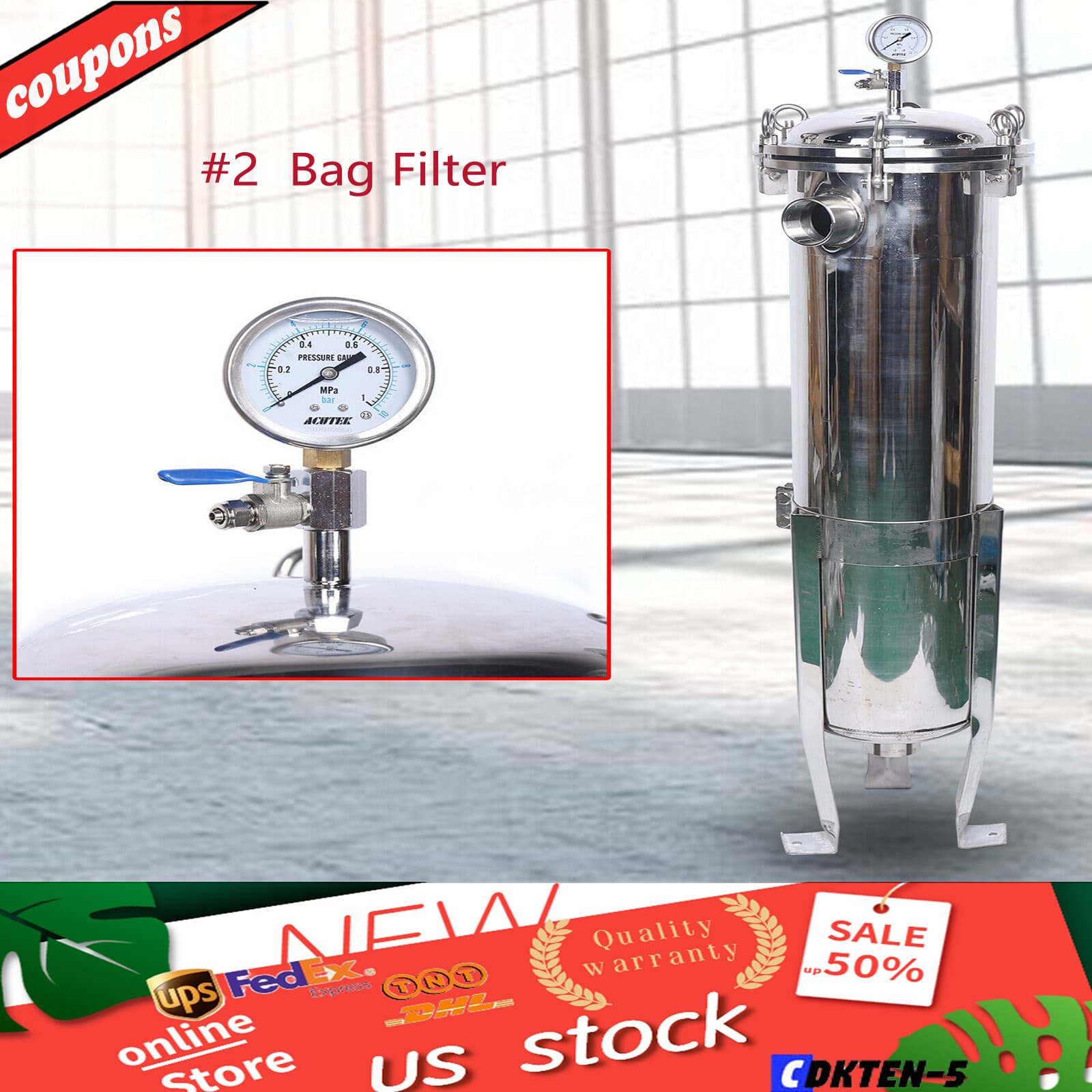 2" NPT Bag Filter Housing 150 Psi 304 Stainless Steel In/out #2 Bag With Mesh  2