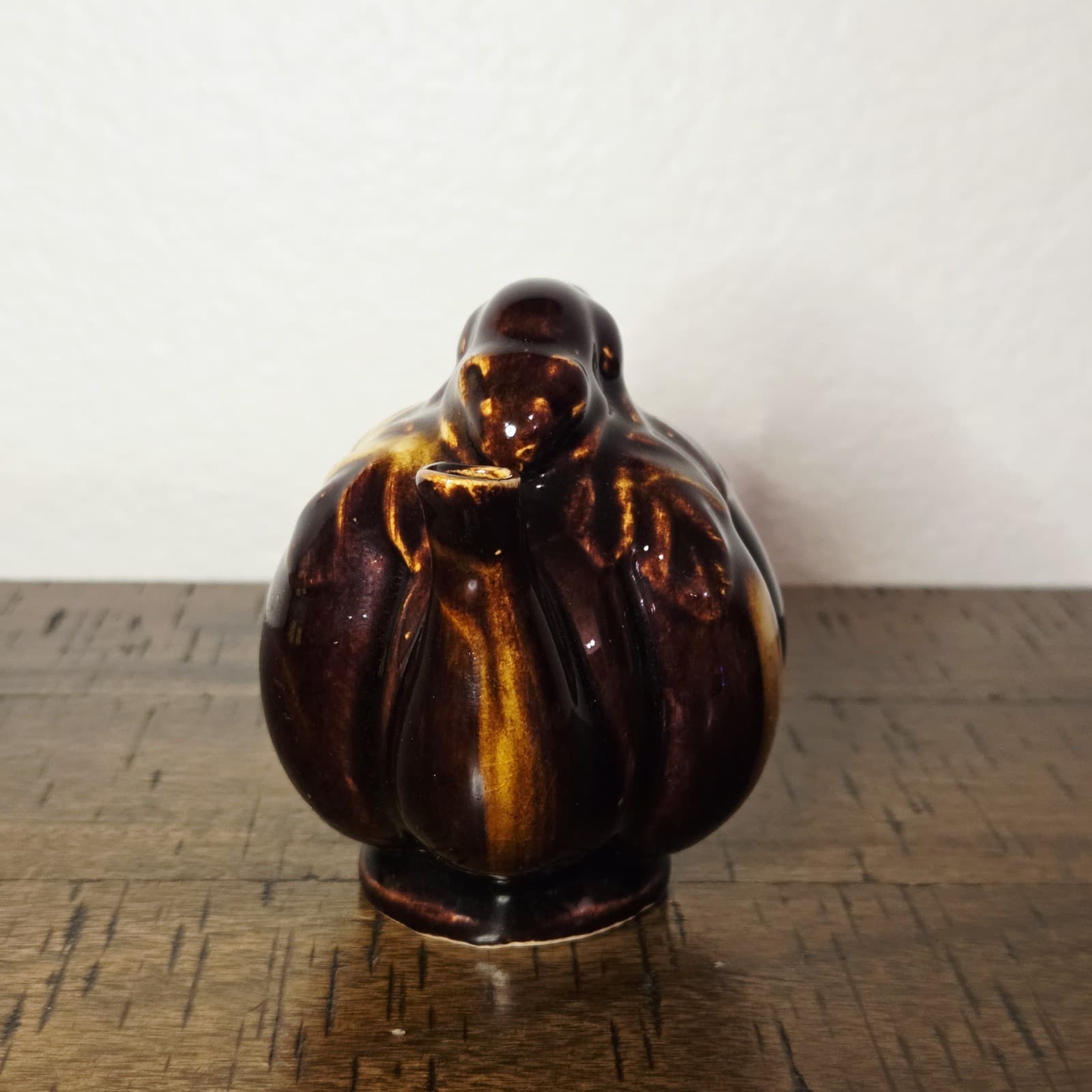 VTG Ceramic Brown Chinese Drip Glaze Pumpkin Teapot Rat Mouse Glossy Figurine 3