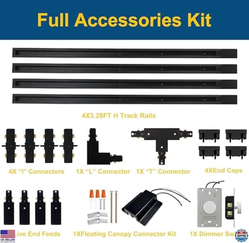 13FT Black H Track Lighting Kit with Dimmer, White Rails, Floating Canopy & 2