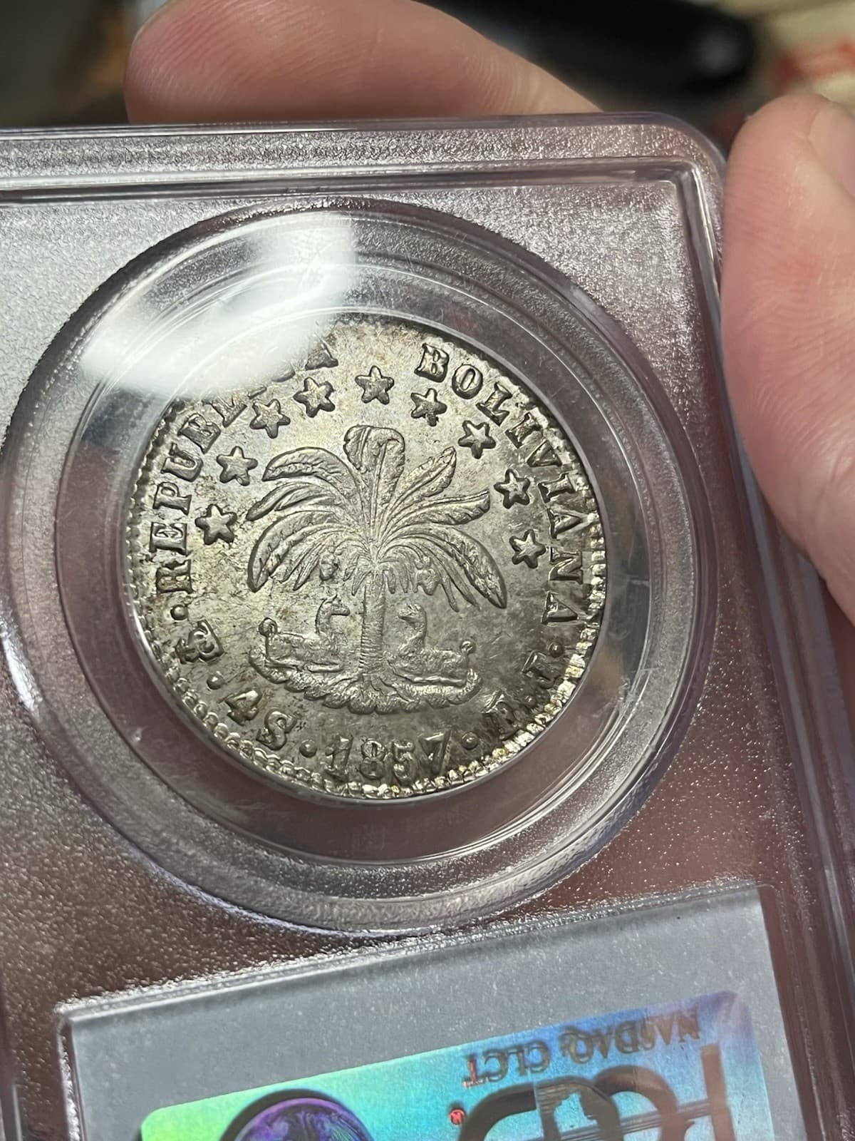 1857 PTS Bolivia 4 Soles PCGS MS62 5