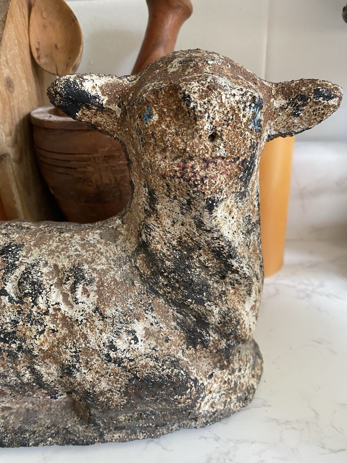 Vintage Cement Garden Lamb Sheep Great Patina Perfect Sculpture See Description 3