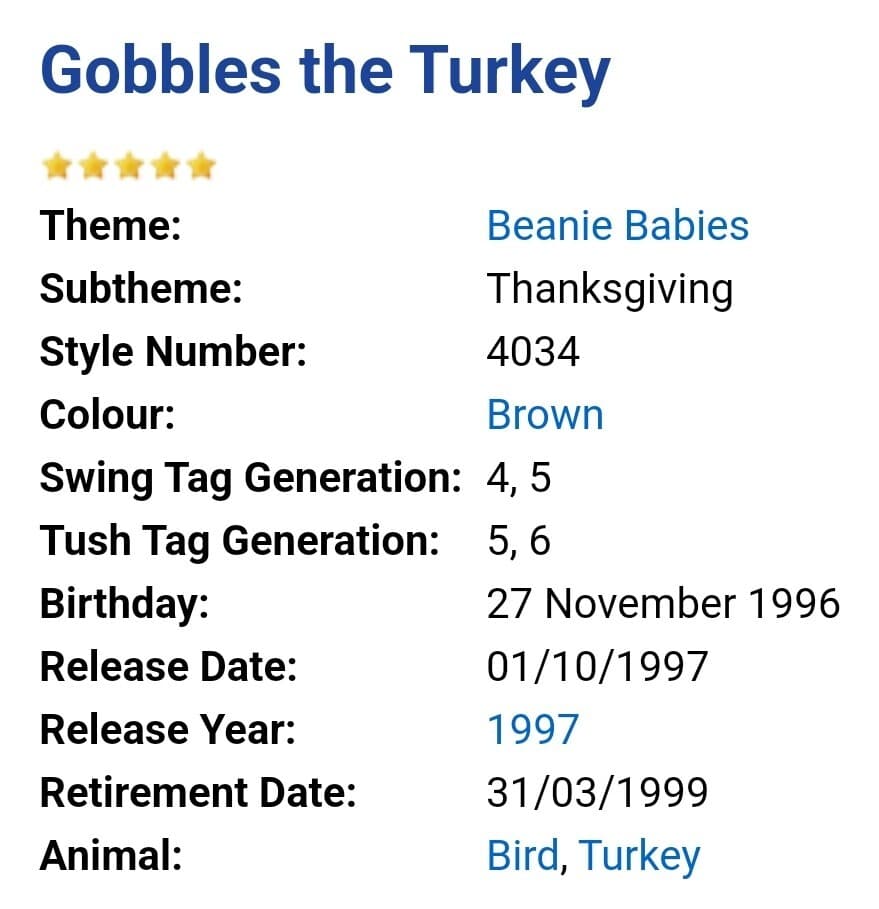 ❤️ 1996 GOBBLES Thanksgiving Tom TURKEY Ty Beanie Babies *MWMT* 3