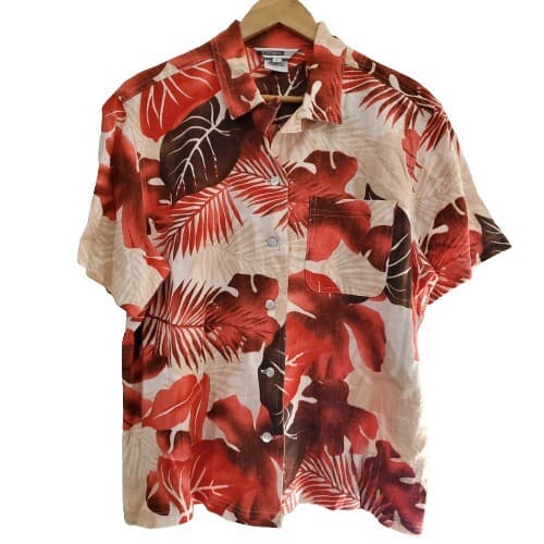 Vintage 90's Stonebridge Linen Blend Red Tropical Button Up Blouse Size Large