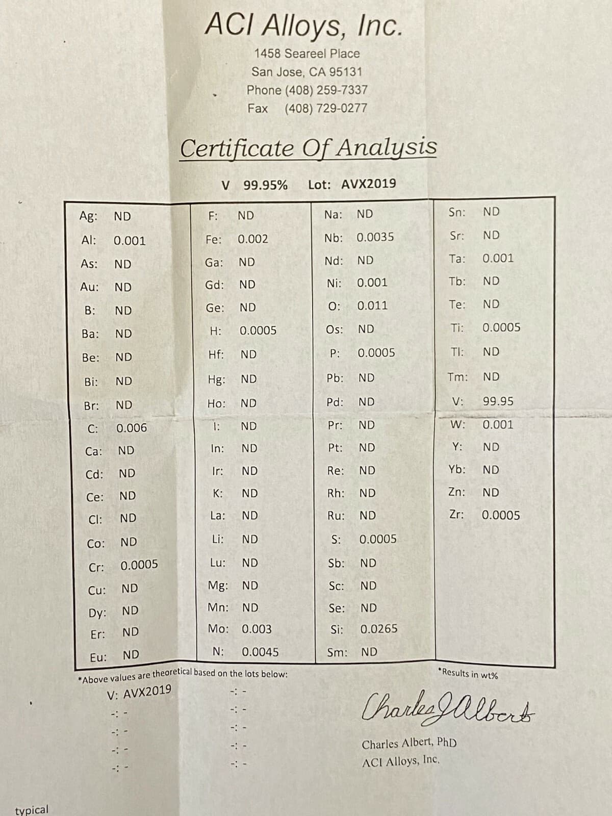 Vanadium SEM Sputter target: V 99.95% pure, 57mm diameter x 0.2mm thick 2