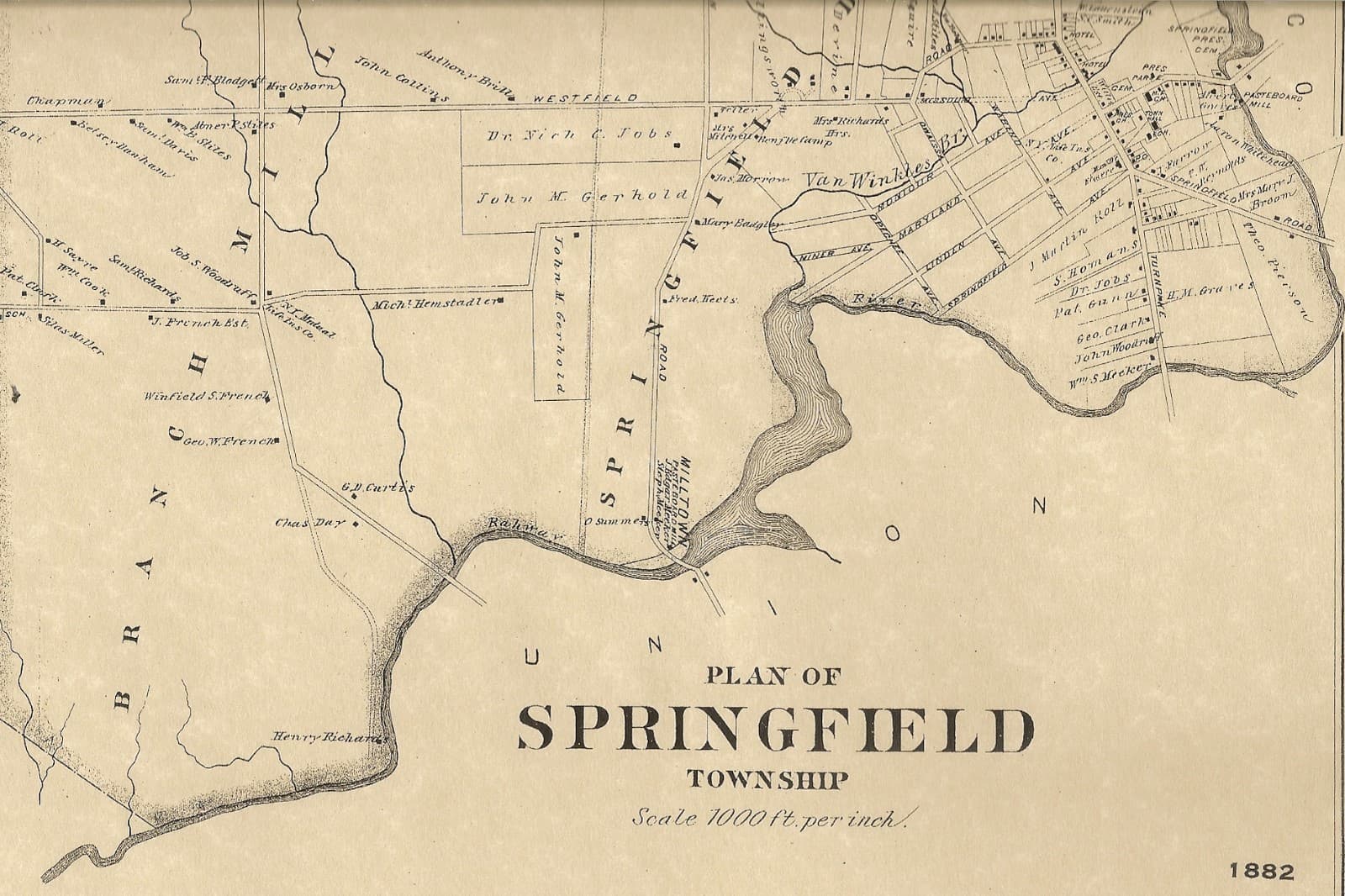 Springfield Union Cty NJ 1882  Map with Businesses and Homeowners Names Shown