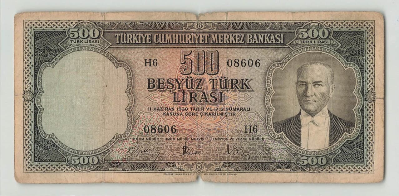 TURKEY 500 Turk Lirasi 1959, P-171a, Scarce, High Denomination, H6 08606.  C7