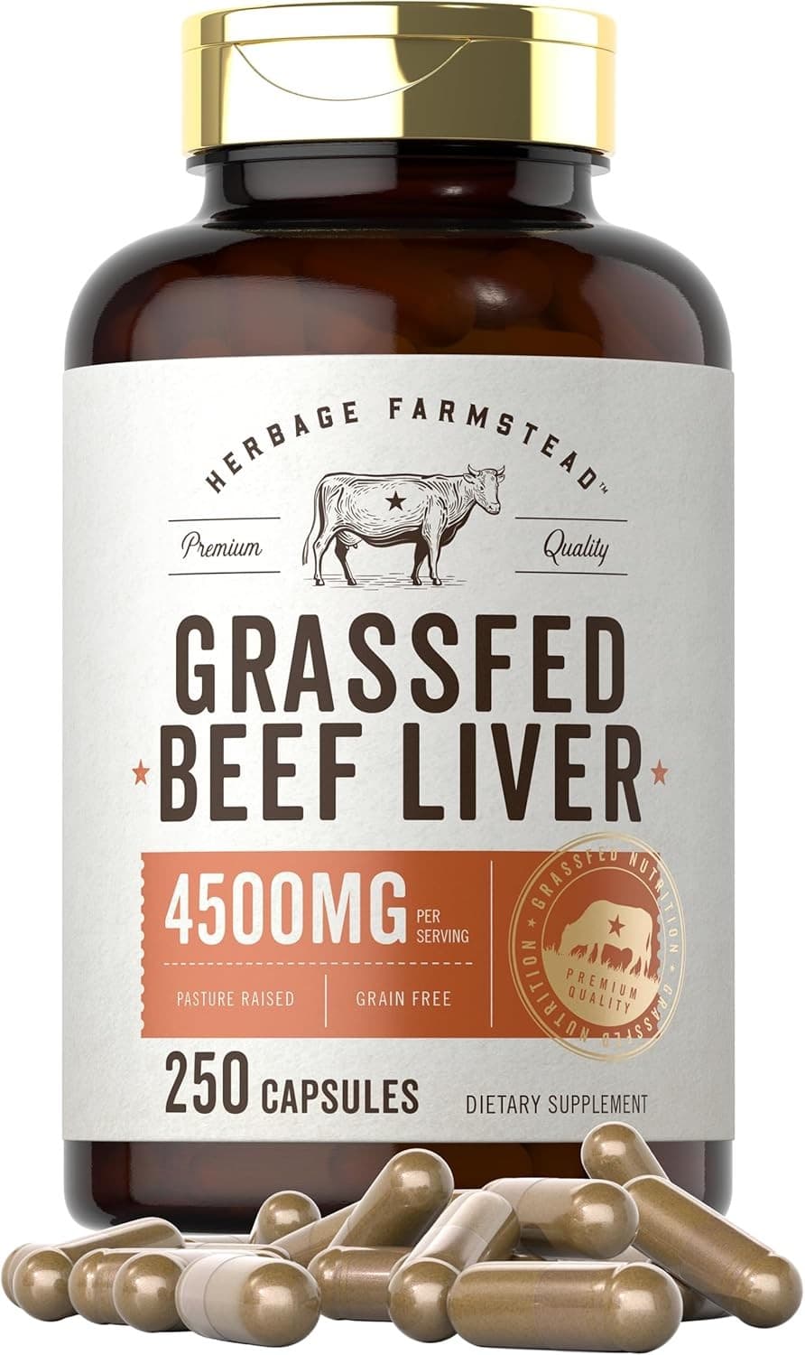 Grass Fed Beef Liver 4500mg | 250 Capsules | Non-GMO | by Herbage Farmstead