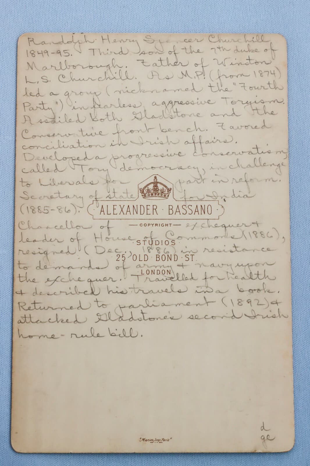 Rare Original Circa 1894 Photo on Card Lord Randolph Churchill  2