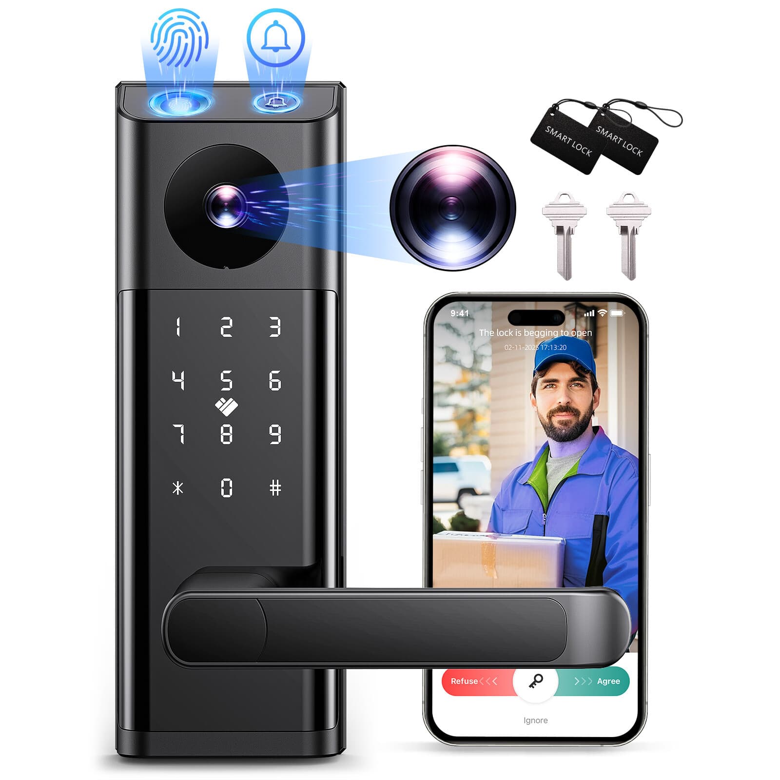 Smart Lock with Camera & Handle Fingerprint Keyless Door Lock WiFi APP Control