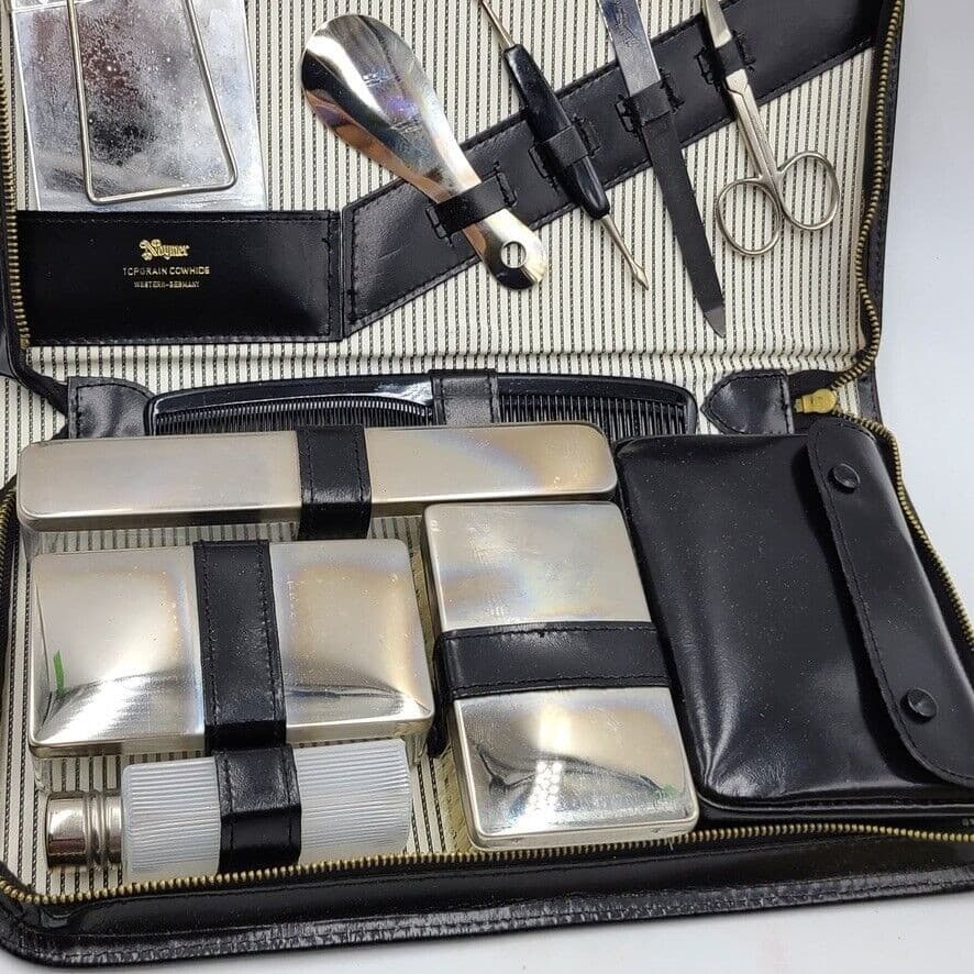 Vintage 60s Noymer Black Travel Vanity Grooming Case Mens Leather Cowhide New 4