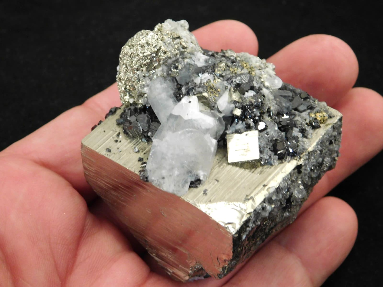PYRITE Crystal CUBE With a FLUORESCENT Calcite Crystal and Sphalerite 260gr