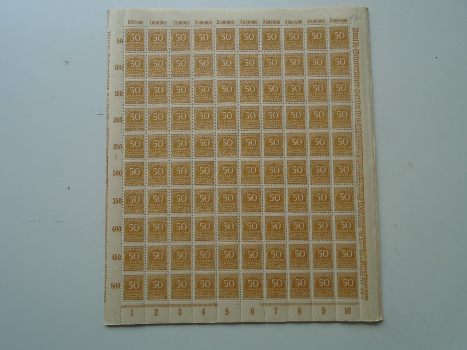 Germany - SG313 50T DM 1923 yellow bistre. 10 x complete sheets of 100 stamps. 4
