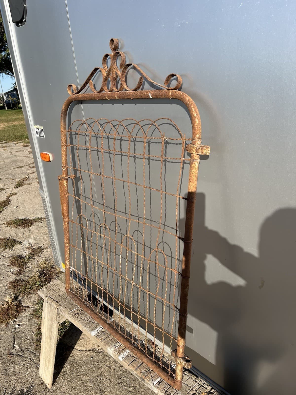 antique 3’ by 49” metal garden gate with latch with kinky loop top wire 3