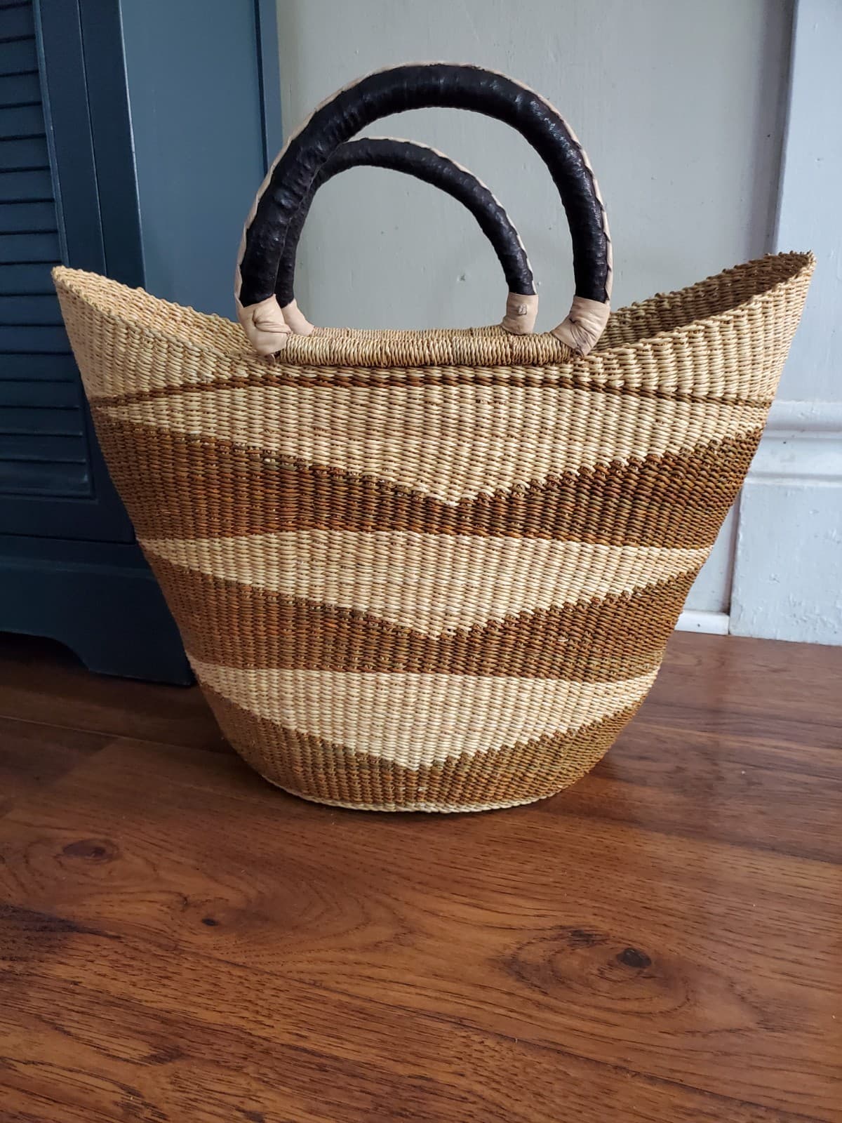 Handmade Large Woven Straw Leather Handle Bolga Market Tote Bag