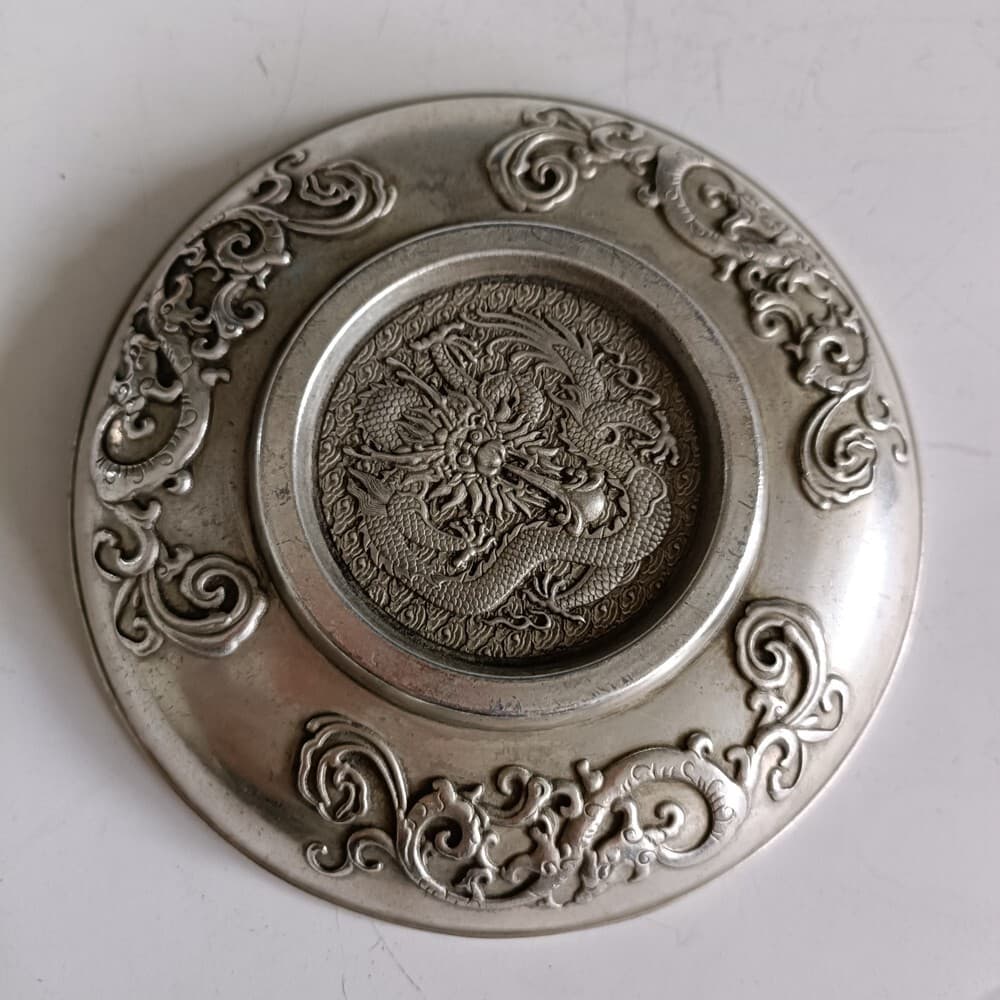 Exquisite Old Chinese tibet silver handcarved Dragon and phoenix plate 2