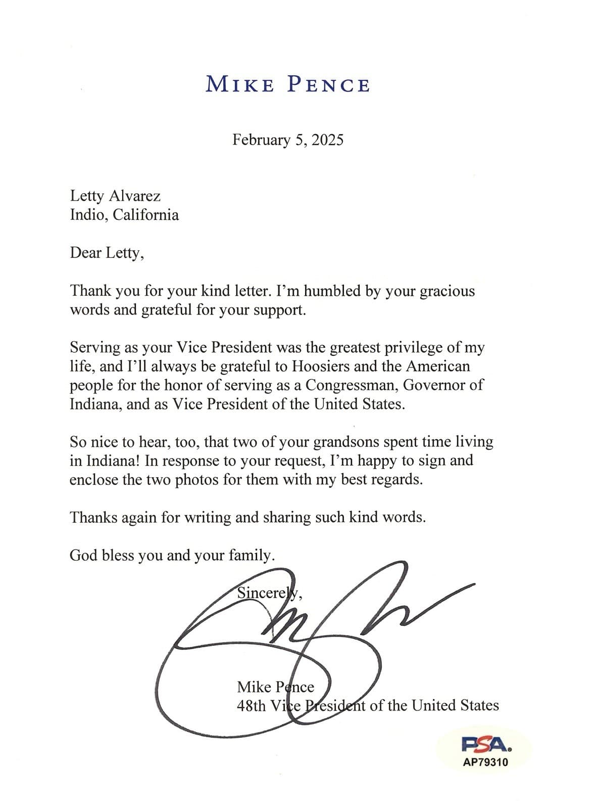 Mike Pence Signed Typed Letter Vice President Personal Letterhead PSA/DNA COA