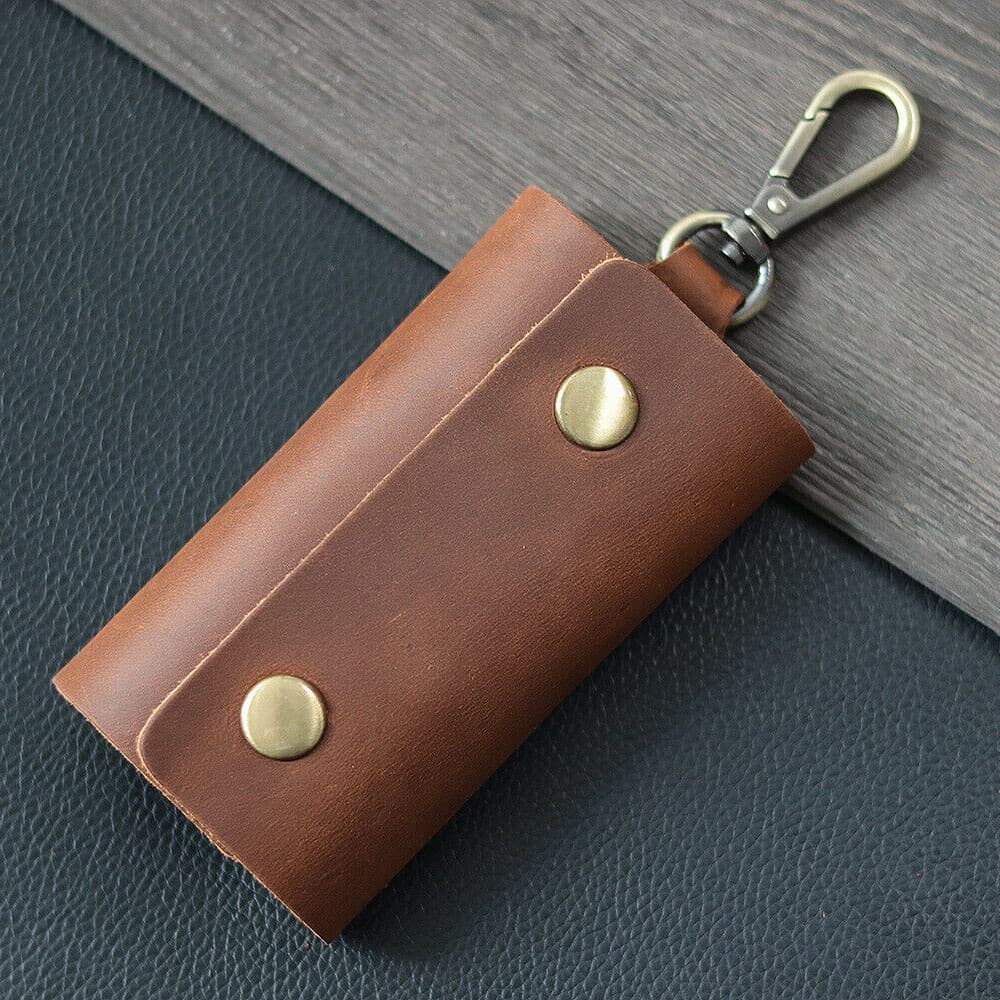 LEATHER Car Key Chain Ring Keys Holder Pouch Case Wallet Organizer Bag Brown NEW 5