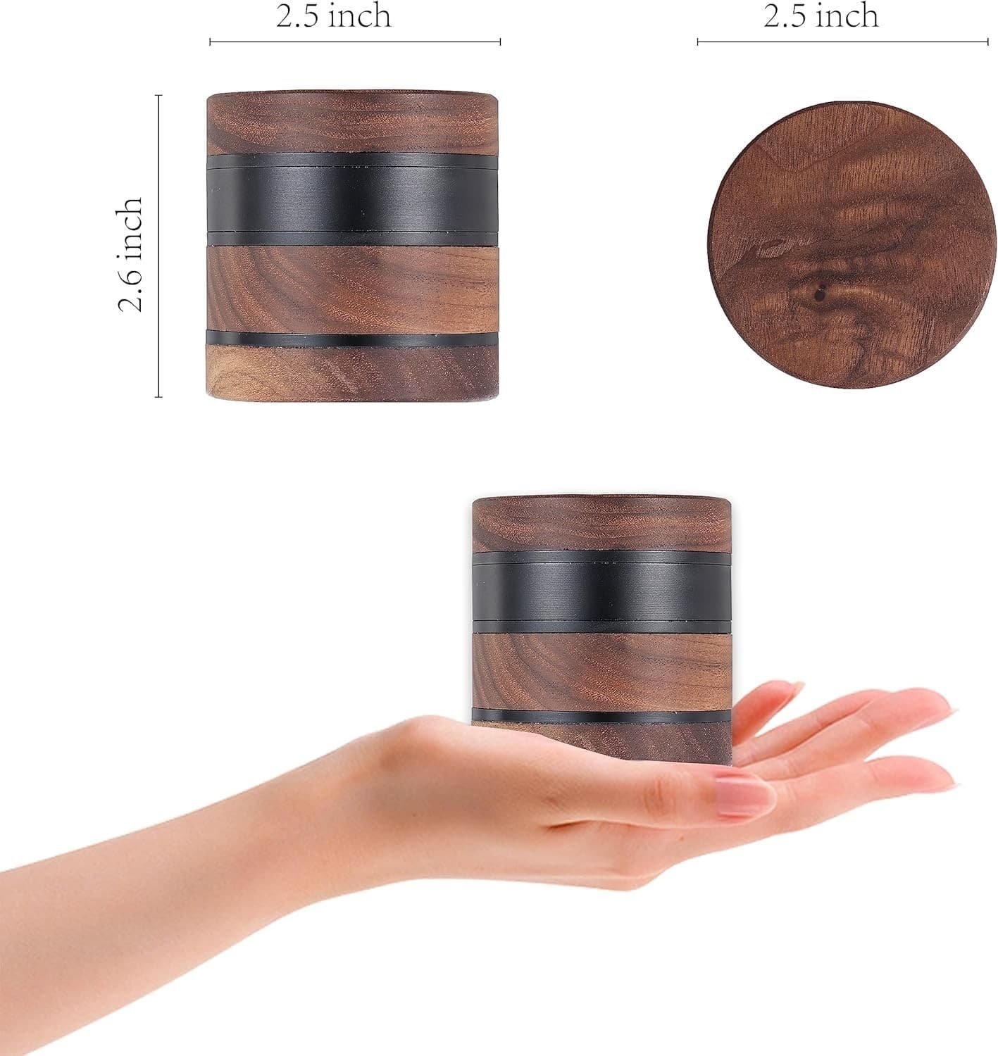 2.5inch Walnut Solid Wood Metal Herbal Herb Spice Grinder Crusher in Black 2