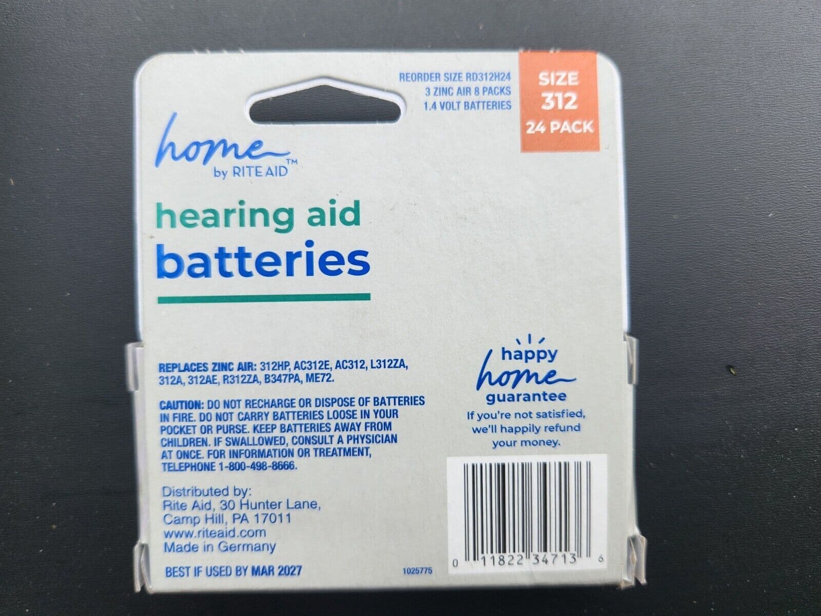 (24 Pack) Home by RITE AID Hearing Aid Batteries Size 312, EXP Mar 2027 2