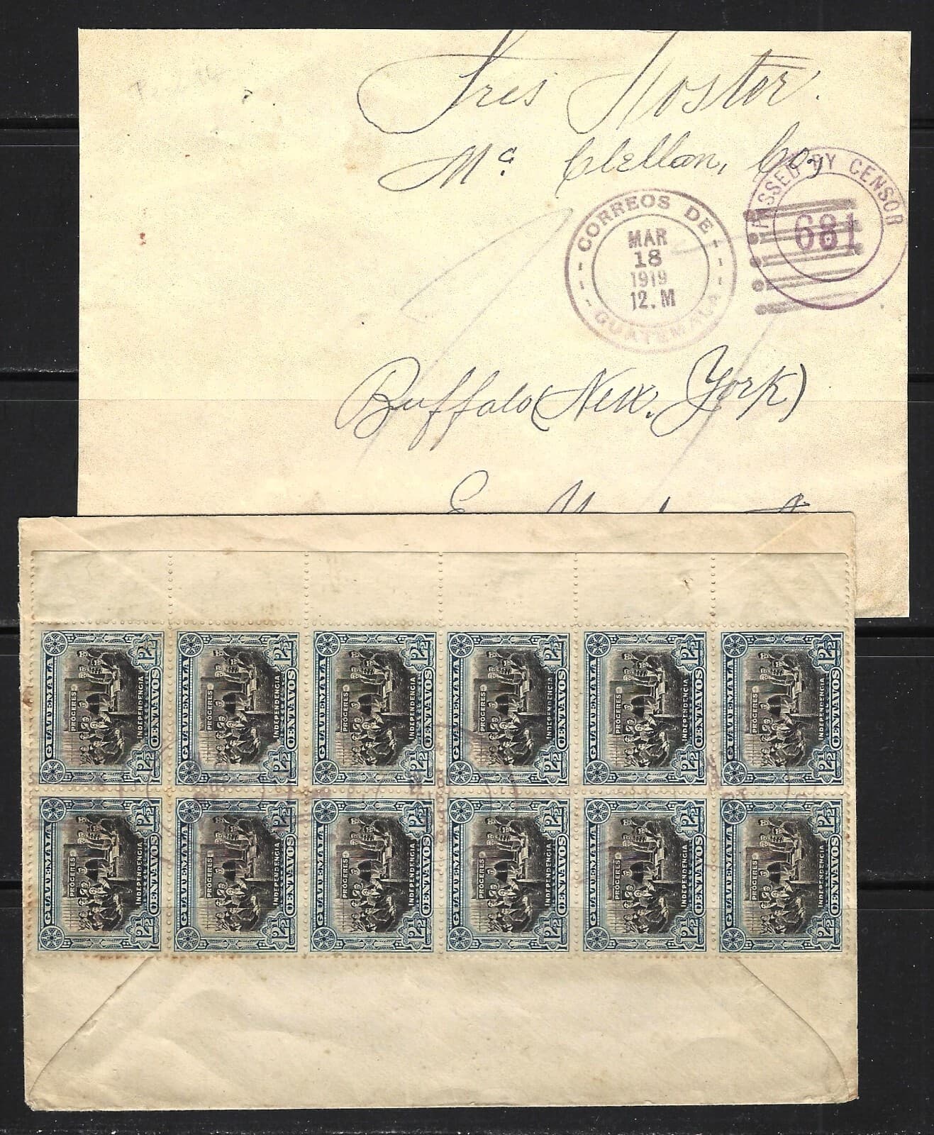 GUATEMALA 1919  COVER WITH WATERLOWS AND U.S. CENSOR   3 SCANS