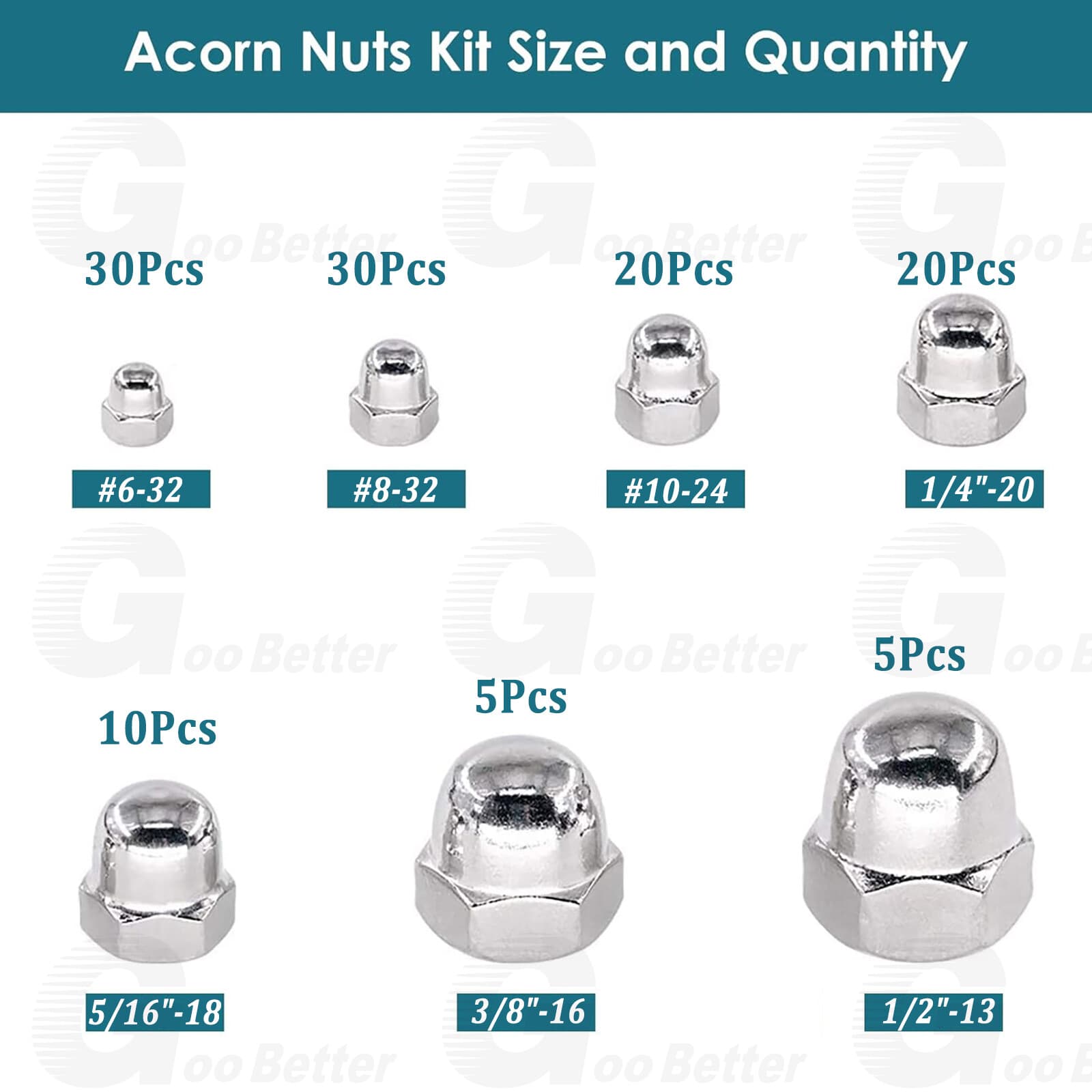 120Pcs UNC Hex Acorn Cap Nuts Assortment Kit #6 #8 #10 - 1/2" A2 Stainless Steel 2